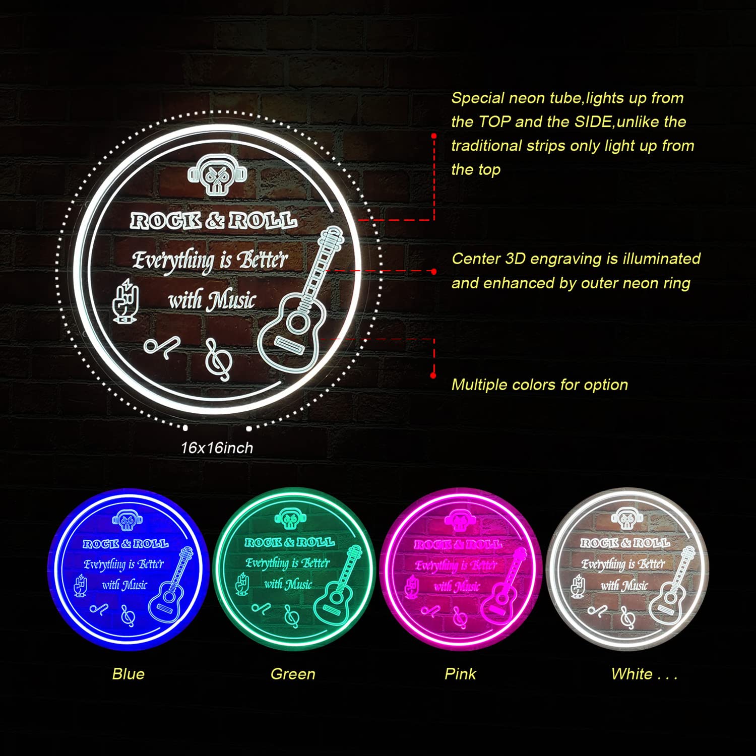 Custom Rock Roll Neon Sign - Personalized LED Guitar Music Wall Decor for Home, Bar & Club | 12V Plug Powered Acrylic Rock Theme Party Lighting (16x16