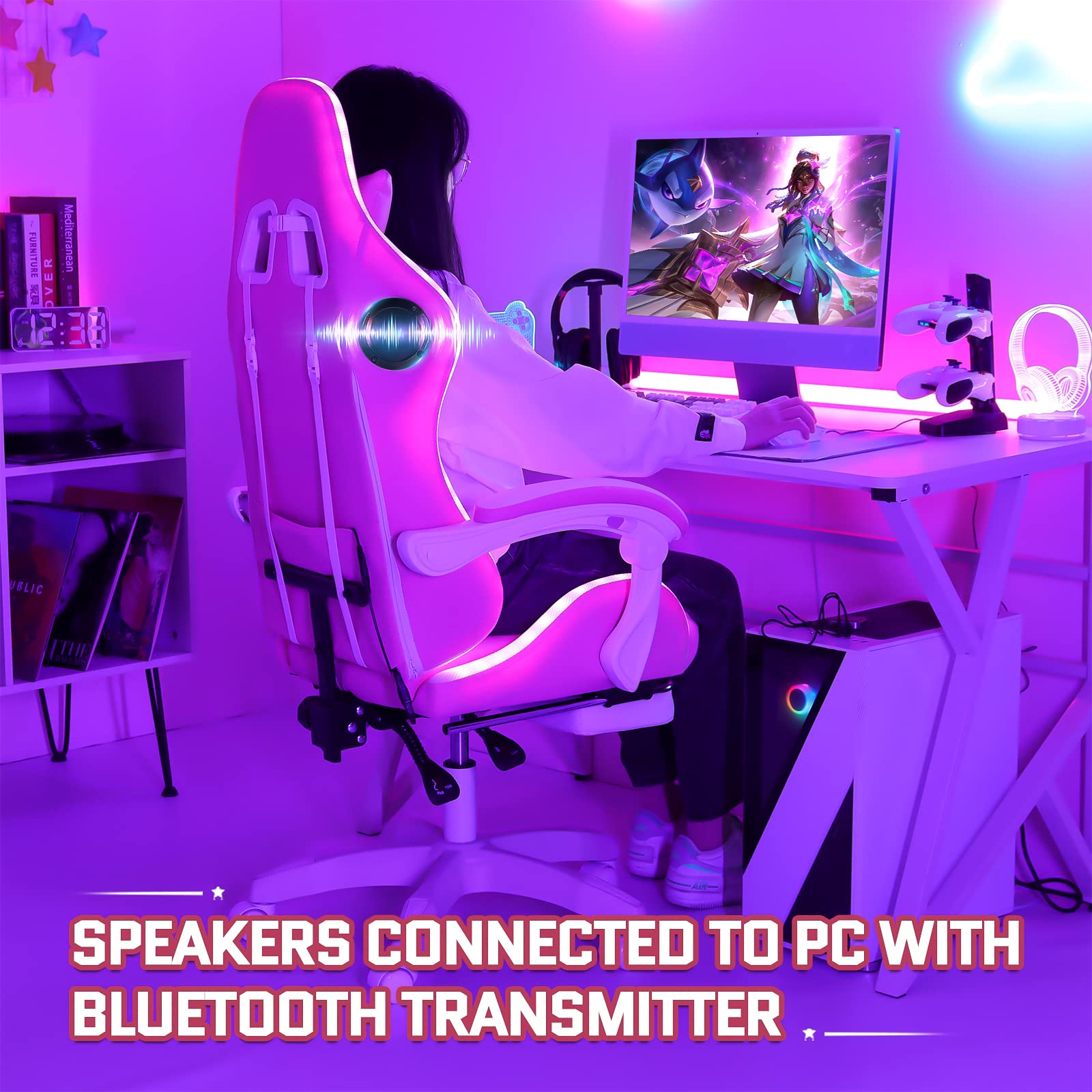 Pink Ergonomic Gaming Chair with Bluetooth Speakers, RGB LED Lights, Massage & Footrest - High Back Lumbar Support for PC, Video Game & Office Use - Perfect for Streaming, Esports & Home Gaming Setup