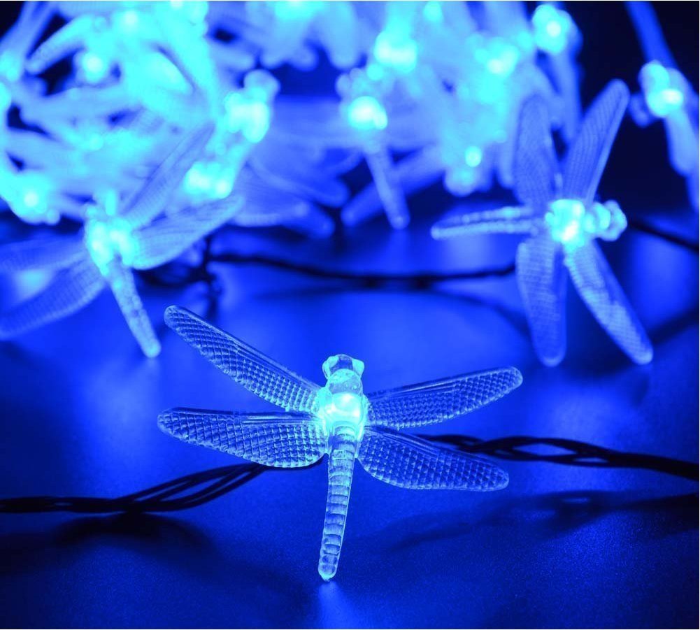 Solar Powered String Lights Waterproof - 19.7ft 30LED Dragonfly Fairy Lights with 8 Lighting Modes, Decorative Outdoor Lighting for Garden, Patio, Fence, Lawn, Party & Indoor Home Decor (Blue) - Perfect for Wedding, Christmas, Halloween, Backyard & Landscape Lighting