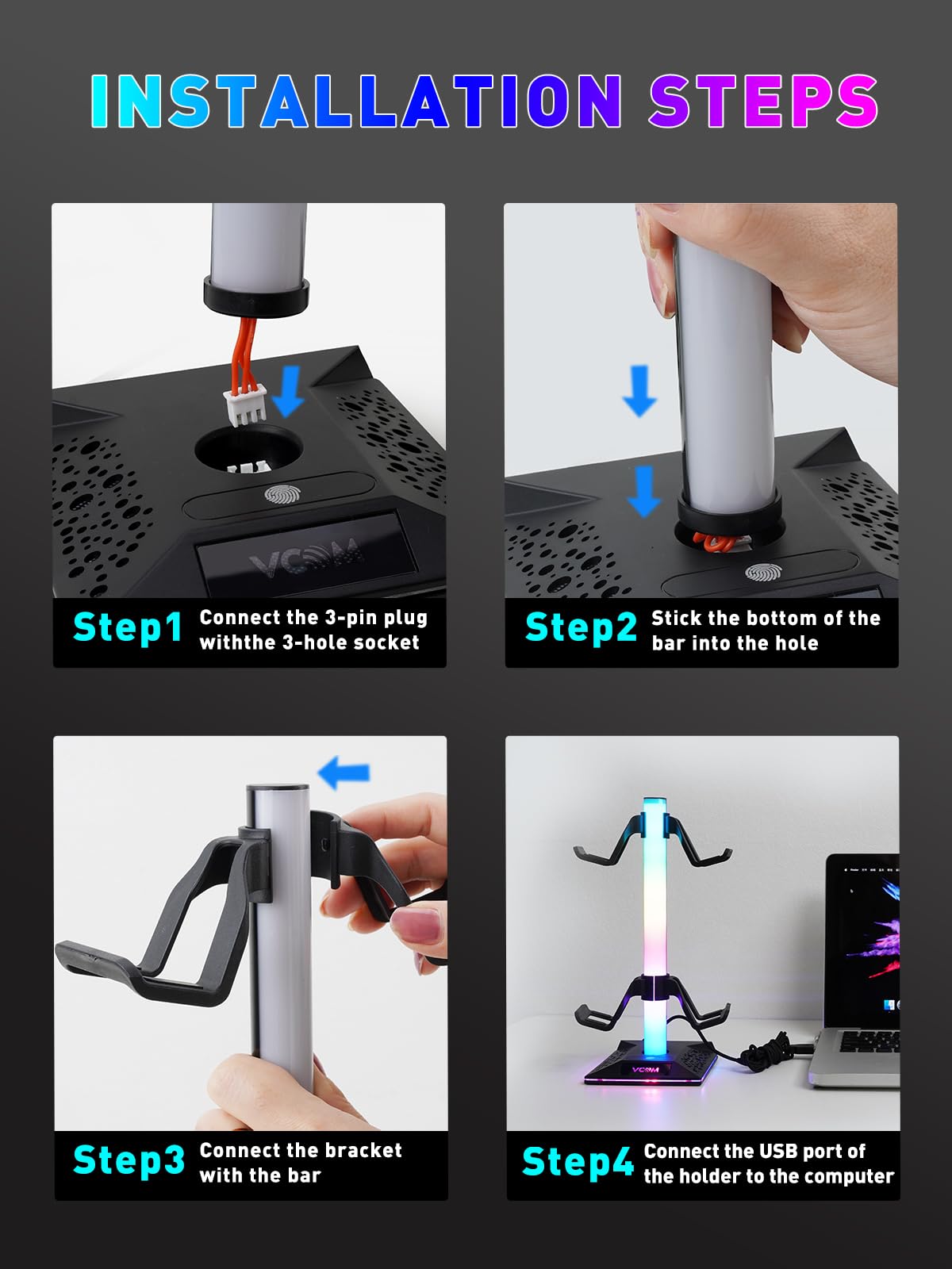 RGB Gaming Headphone Stand with 2 USB Ports & 10 Light Modes - Non-Slip Rubber Base Universal Headset Holder for PC, PS5, Xbox - Perfect Gaming Desk Accessory Gift for Gamers, Husband, Boyfriend