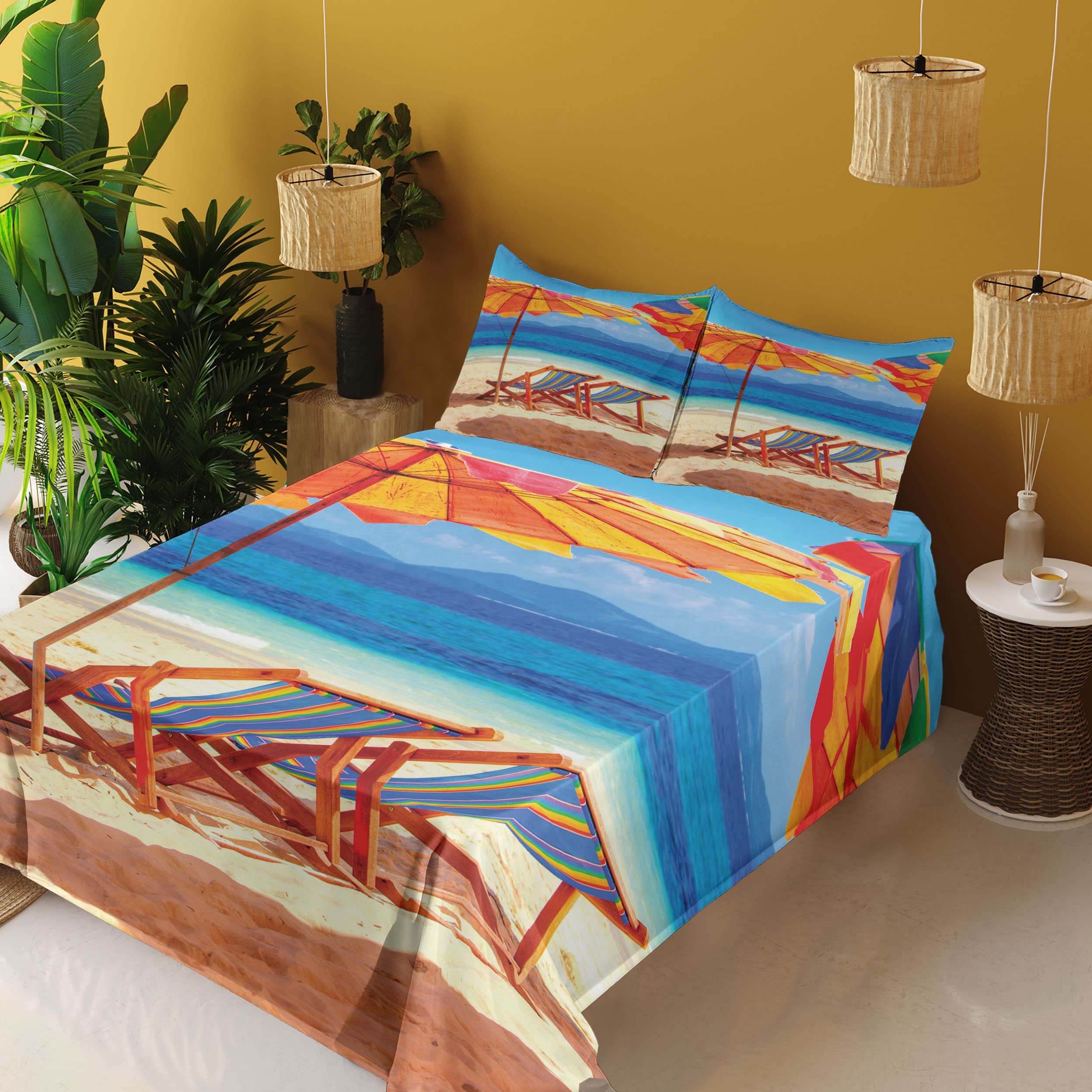 Ambesonne Tropical Beach Sheet Set - 3 Piece Twin Size with Fitted Sheet, Flat Sheet & Pillowcase - Orange Blue Coastal Decor Featuring Thailand Seaside Deck Chairs Design - Perfect for Vacation Themed Bedrooms, Guest Rooms & Beach House Decor