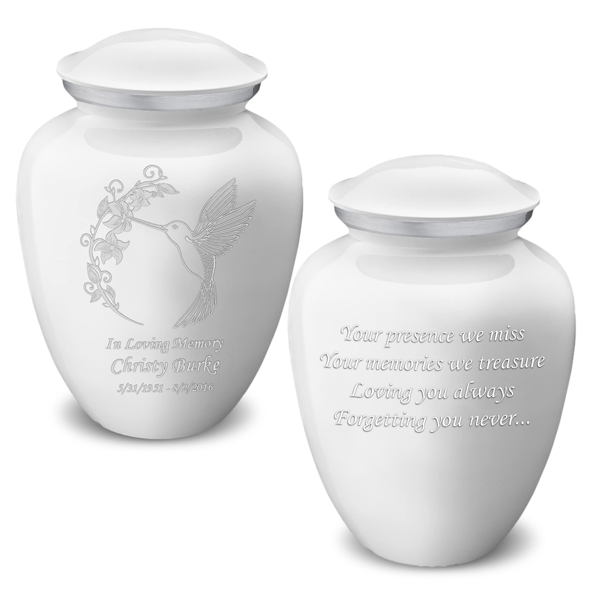 Personalized Hummingbird Cremation Urn for Adults - Large White Funeral Urn for Ashes with Double-Sided Engraving - Holds 200 lbs - Perfect for Memorial Services & Home Display