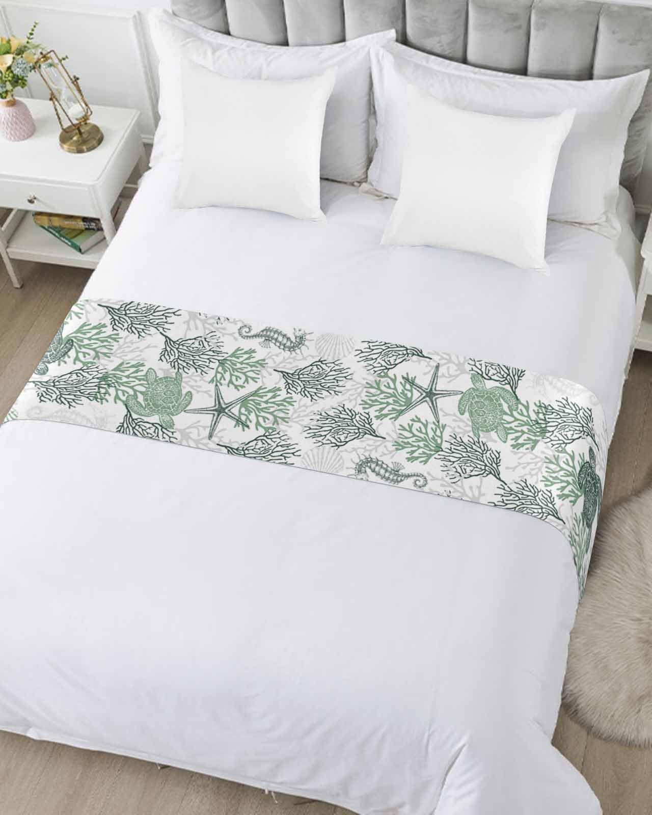 Elegant Sage Green Coastal Bed Runner for Queen Size Beds - 83 x 20 Inch Nautical Sea Turtle Design Summer Beach Throw - Perfect for Hotels, Bedroom Decor & Foot of Bed Protection