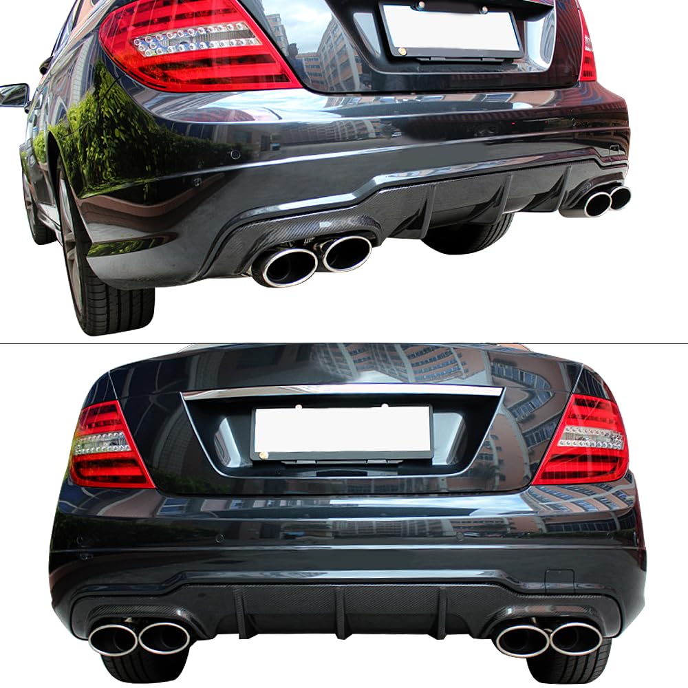 IKON MOTORSPORTS Rear Diffuser for 2012-2015 Mercedes-Benz C Class W204 C63 - Matte Carbon Fiber & FRP C63 Style Rear Bumper Lip Spoiler | Enhances Aerodynamics & Sporty Look for Street or Track Racing