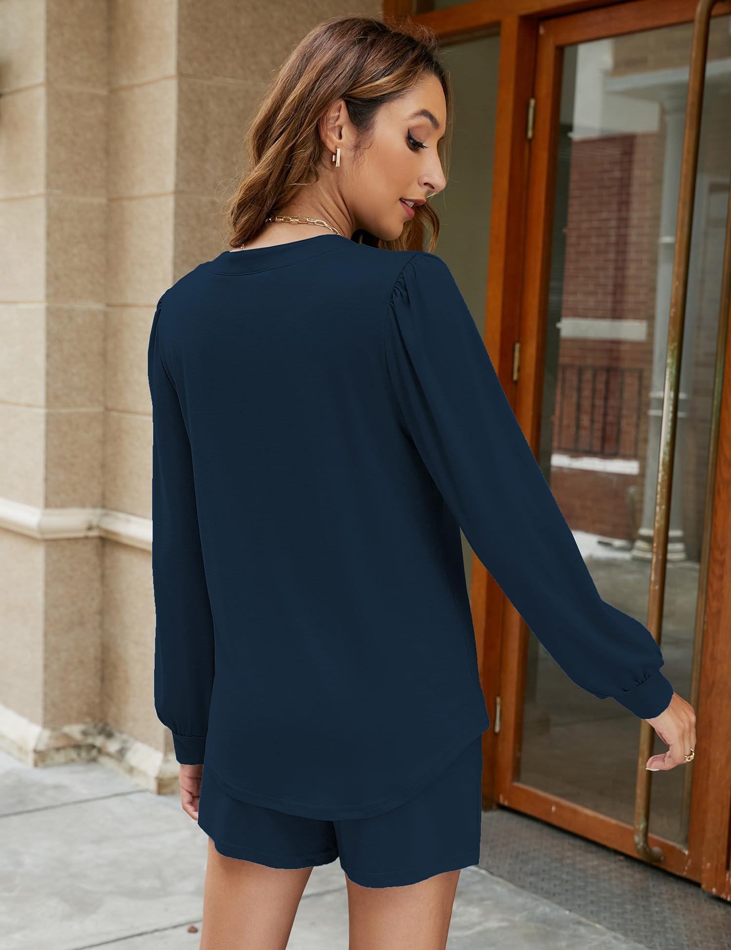 Women's Soft Long Sleeve V-Neck Pajama Set - Cozy Lounge Wear Sleepwear Set in Blue, Medium | Perfect for Relaxing at Home, Sleepovers & Comfortable Nighttime Wear