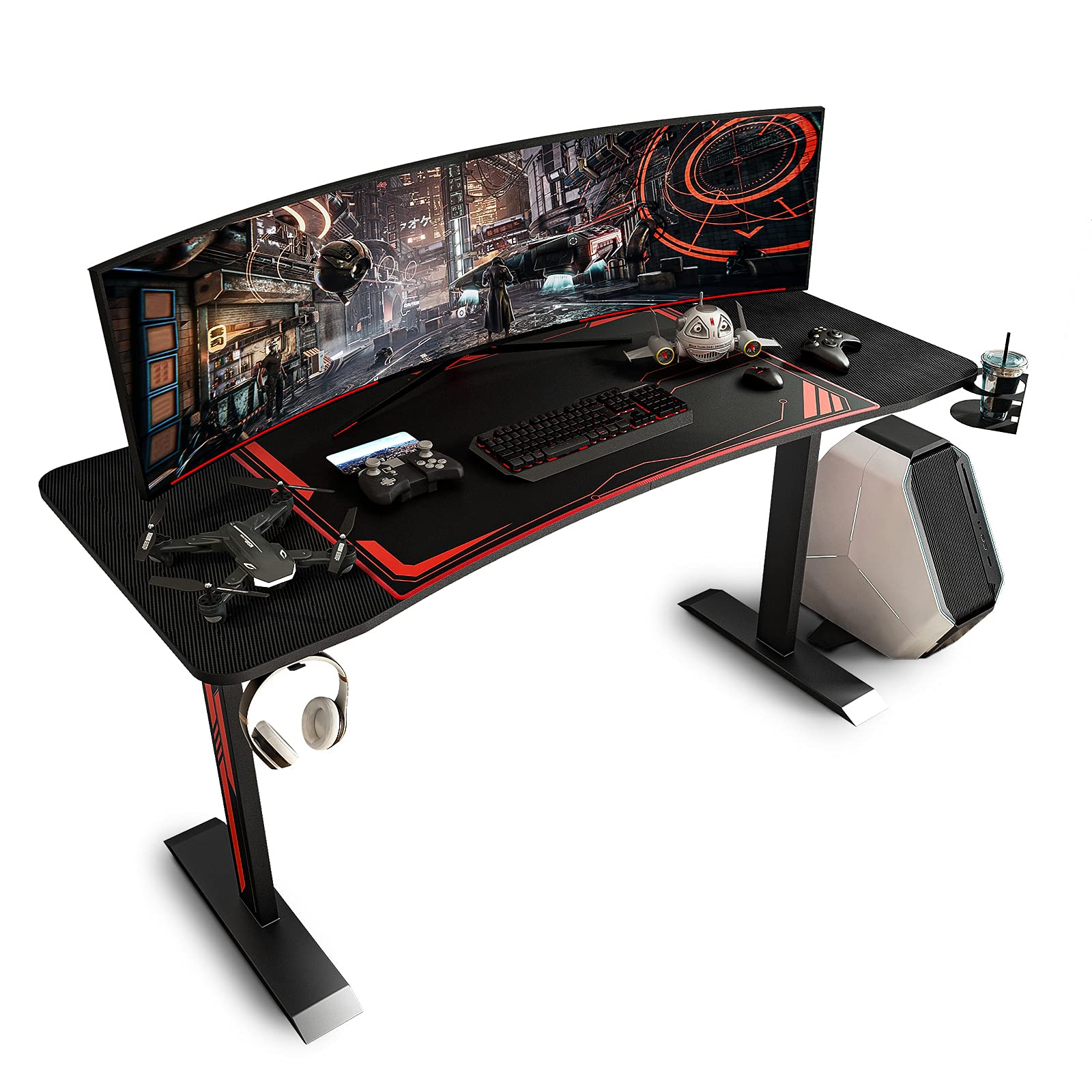 Sleepmax 55 Inch Gaming Desk - T-Shaped Computer Desk with Large Mouse Pad, Cup Holder & Headphone Hook | Ergonomic PC Gaming Table for Home Office & Game Room Setup | Perfect for Esports, Streaming & Workstation Use