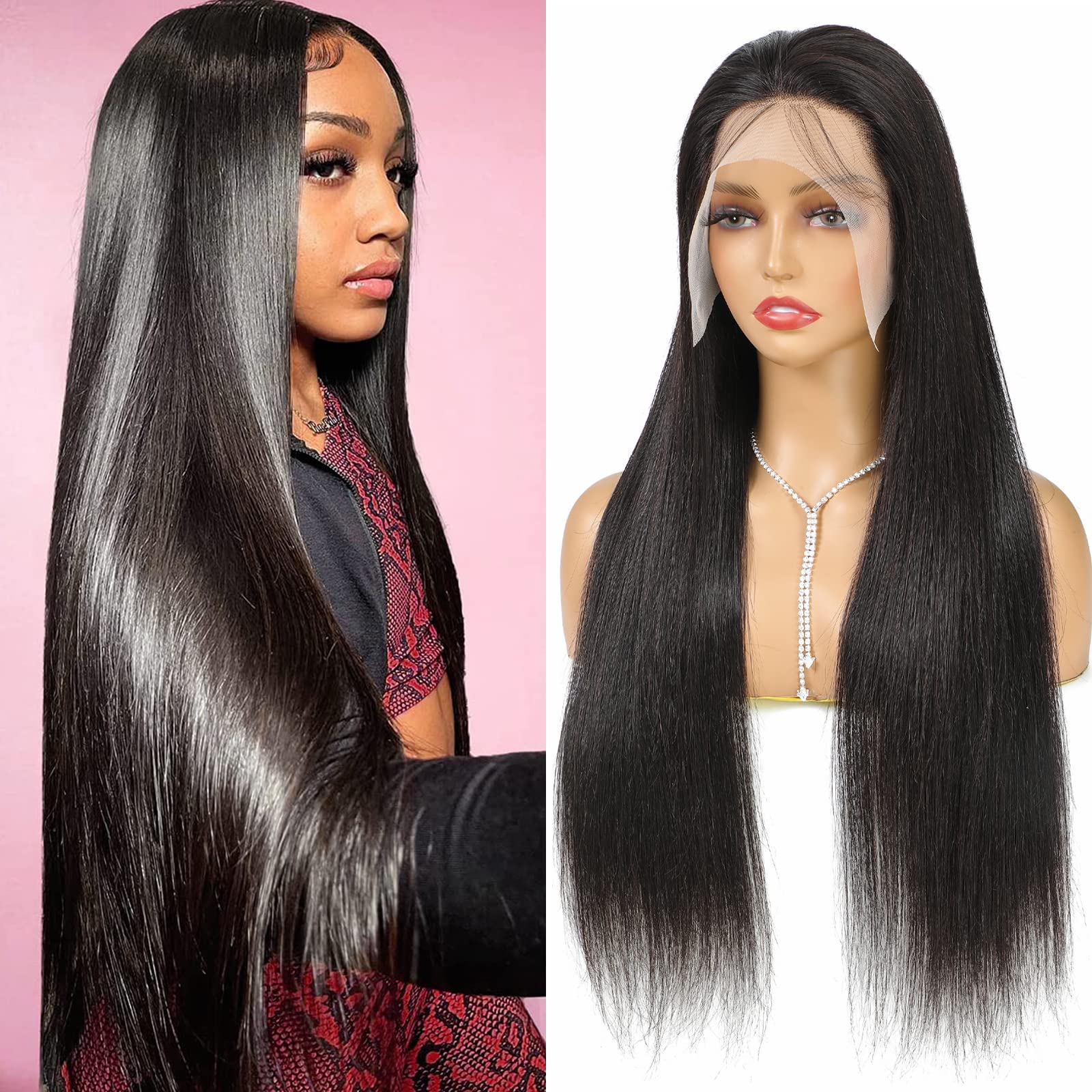 13x4 Glueless Straight Lace Front Wigs - 180% Density Brazilian Human Hair with Baby Hair & Pre-Plucked Hairline - 26 Inch Natural Black Women Wig for Daily Wear, Parties & Special Occasions