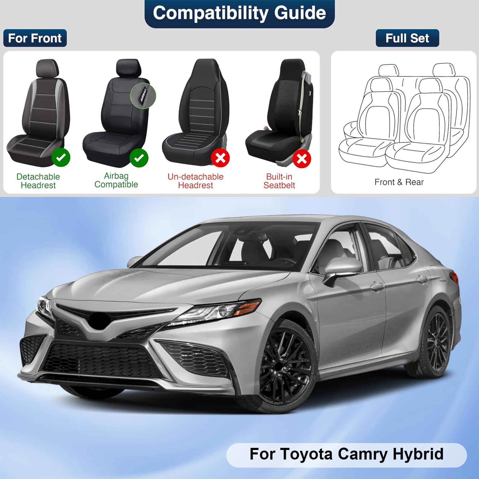 Premium Leather Car Seat Covers for Toyota Camry Hybrid 2007-2024 - Universal Anti-Slip Design Fits Most Cars, Sedans, SUVs & Trucks (Black Red Bars) - Perfect for Daily Commute, Road Trips & Long Drives