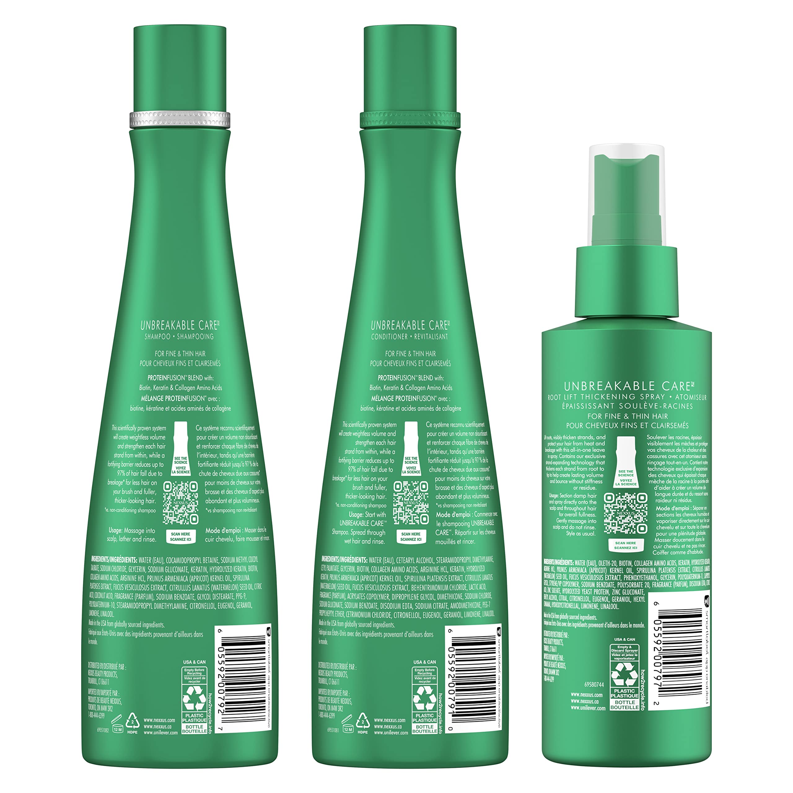Nexxus Unbreakable Care Shampoo, Conditioner & Leave-In Spray 3-Pack for Fine Thin Hair - Keratin Collagen Biotin Treatment (13.5oz + 6oz) - Volumizing Hair Care Set for Daily Use & Damaged Hair Repair