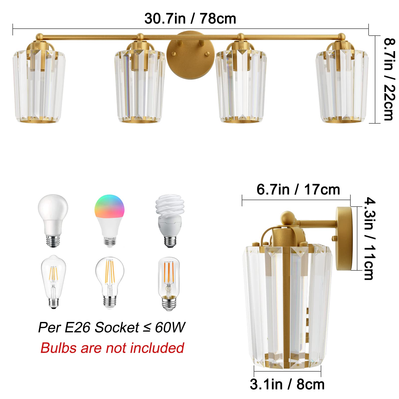 Aipsun Gold Modern Bathroom Vanity Light - 4-Light Crystal Vanity Lighting Fixture (Bulbs Not Included) - Perfect for Bathroom Makeup, Shaving & Grooming Areas