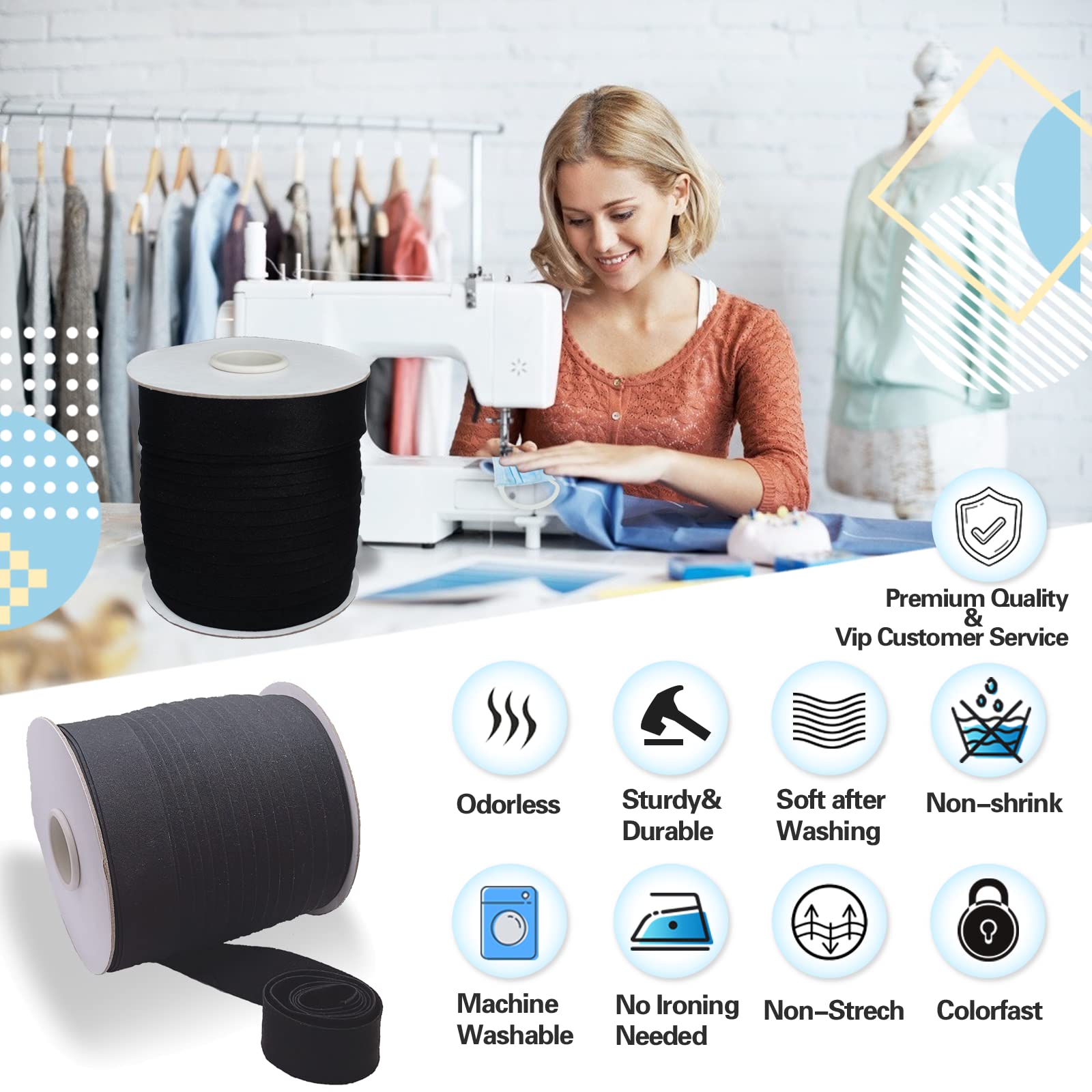 1 Inch Double Fold Bias Tape - 55 Yards Continuous Polyester Sewing Bias Binding for Quilting, Hemming & Apparel Crafts (Black, 25mm) - Perfect for DIY Garments, Home Decor & Fabric Projects