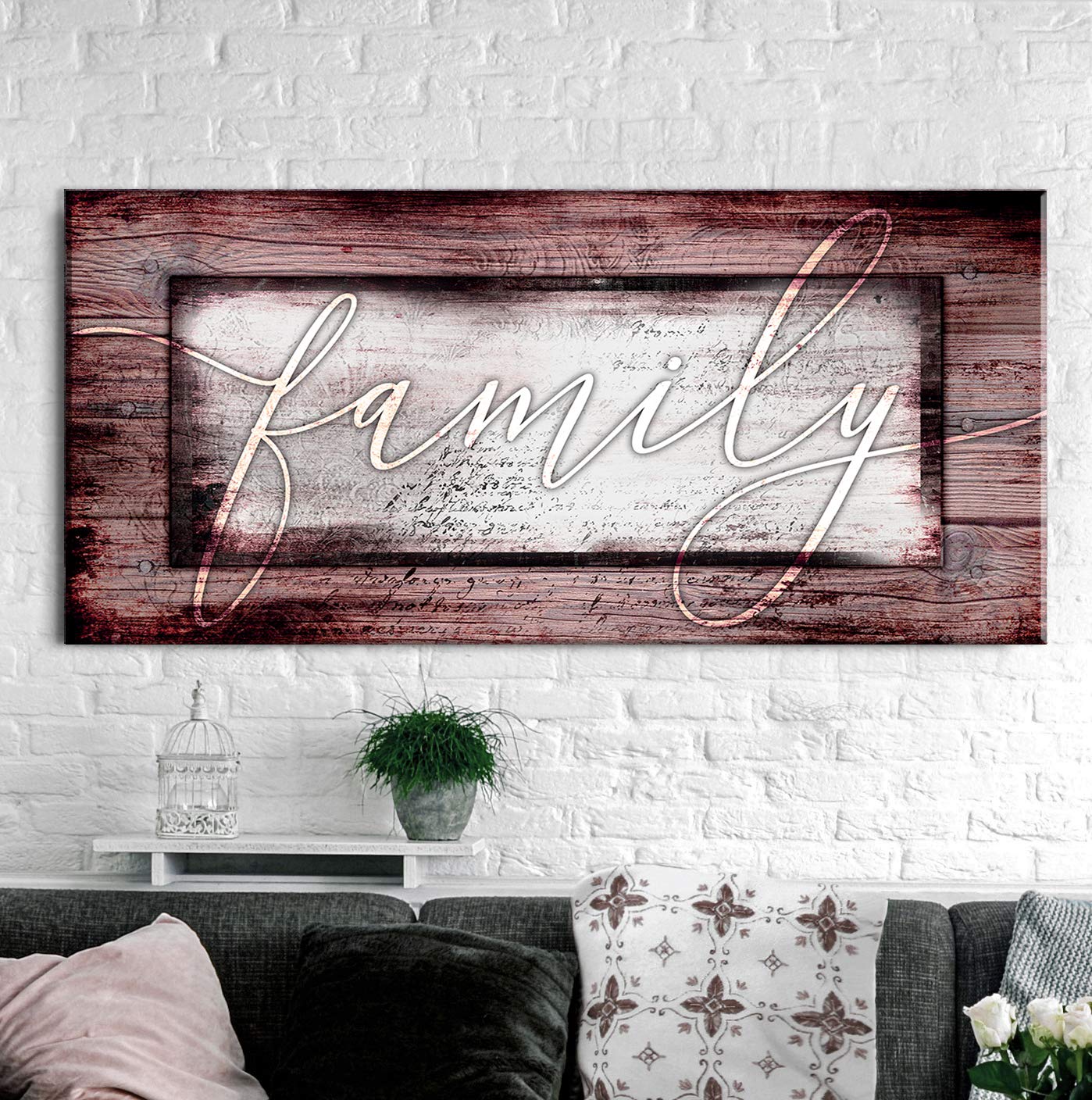 Farmhouse Rustic Wall Art - Large Framed Canvas Painting 60x27 in Wine Red - Family Home Decor for Living Room, Housewarming Gift & Rustic House Decor