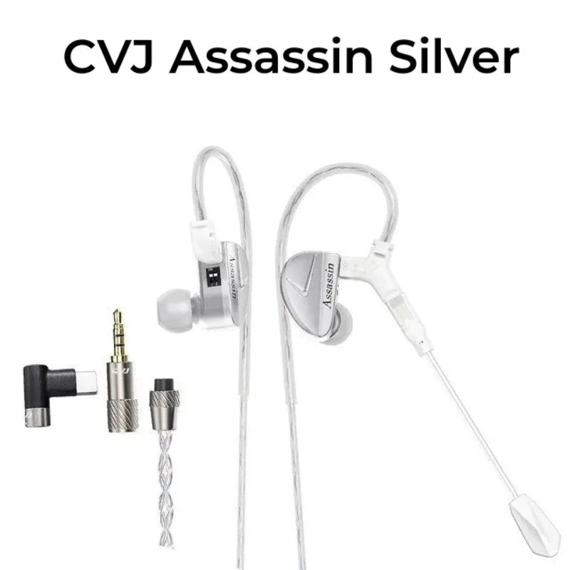 CVJ Assassin Silver Hybrid 1BA+1DD+1Vibration Driver Hi-Res In-Ear Monitors - Perfect for Gaming, Music Production & Audiophile Listening