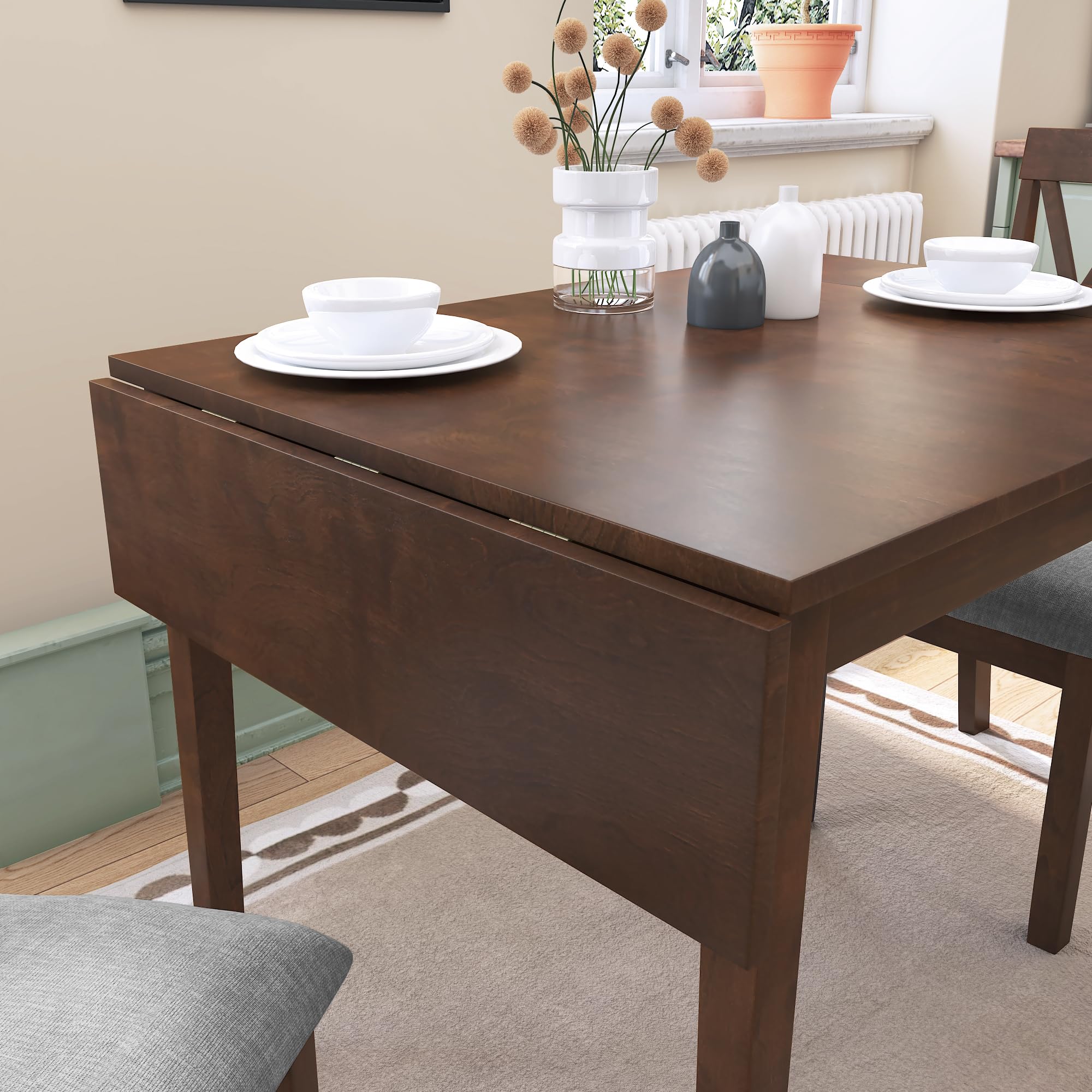 Merax 5-Piece Extendable Dining Table Set with Drop Leaf Table & 4 Padded Chairs - Space-Saving Foldable Design for Small Apartments, Kitchens & Dining Rooms - Rich Brown Finish