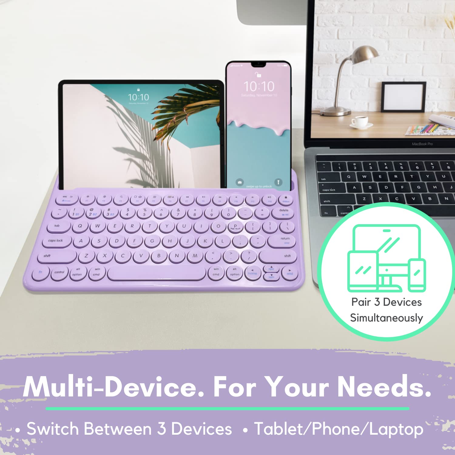 Macally Small Wireless Bluetooth Keyboard for iPad Mini/Air/Pro, iPhone, Tablet - 78-Key Compact Keyboard with Built-in Stand | Universal Multi-Device Compatibility | Purple | Perfect for Home Office, Travel & On-the-Go Typing
