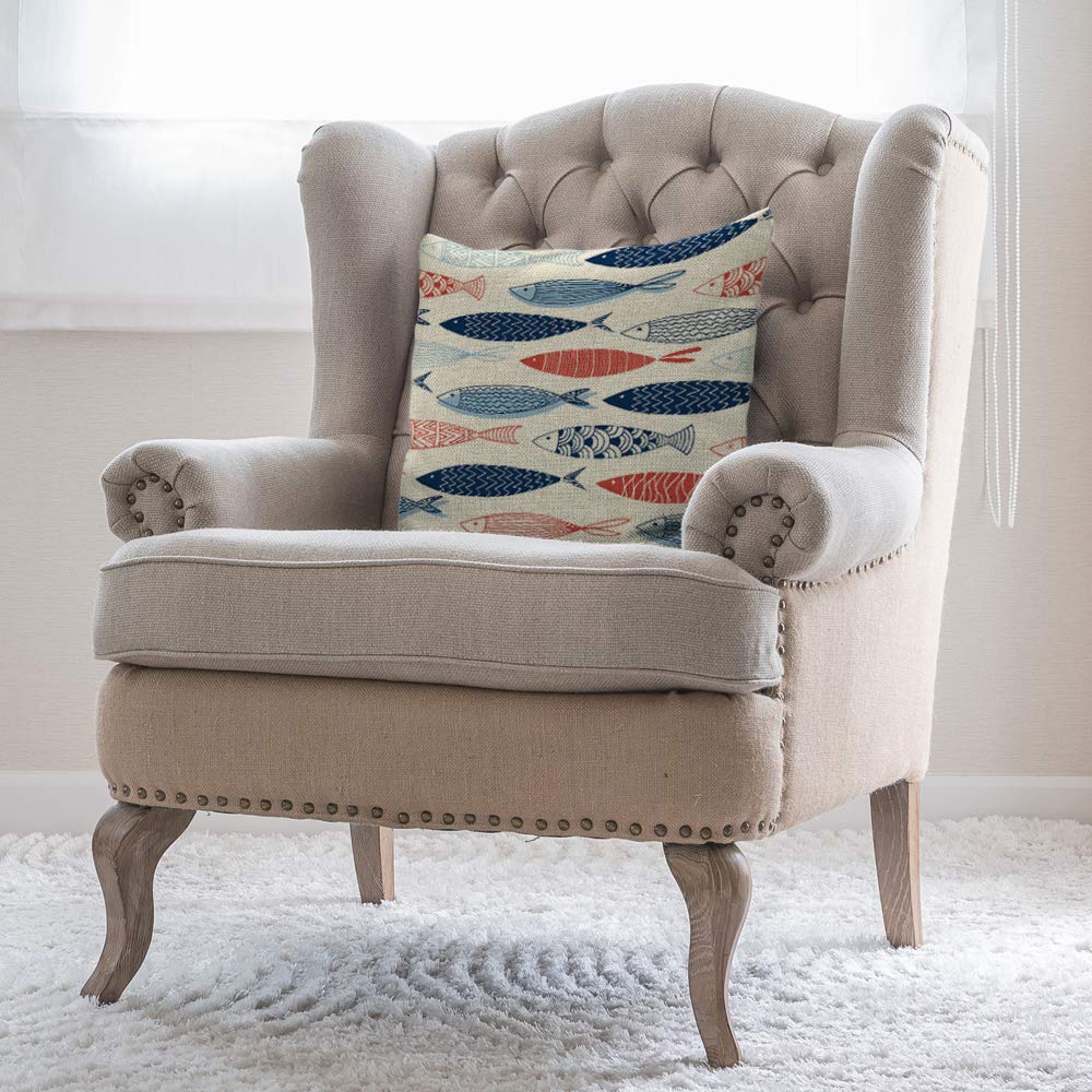 Ocean Fish Decorative Throw Pillow Cover - 18x18 Inch Cotton Linen Square Cushion Case for Sofa, Bed & Home Decor - Blue & Red Design - Perfect for Living Room, Bedroom & Coastal Theme Decor
