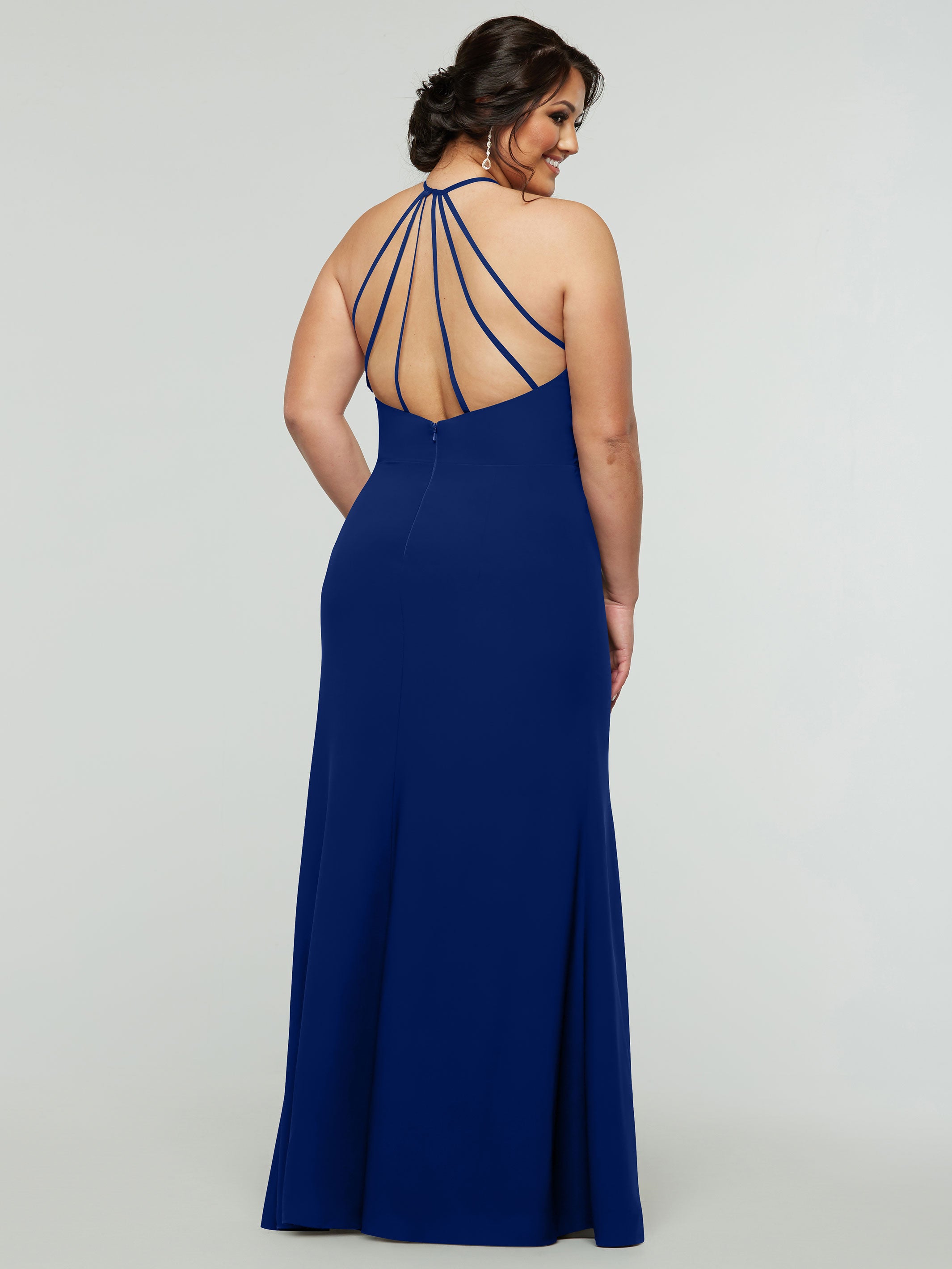 Elegant 83031 Fit and Flare Stretch Chiffon Bridesmaid Dress with Halter Neck & High Slit - Perfect for Weddings, Parties, and Formal Events