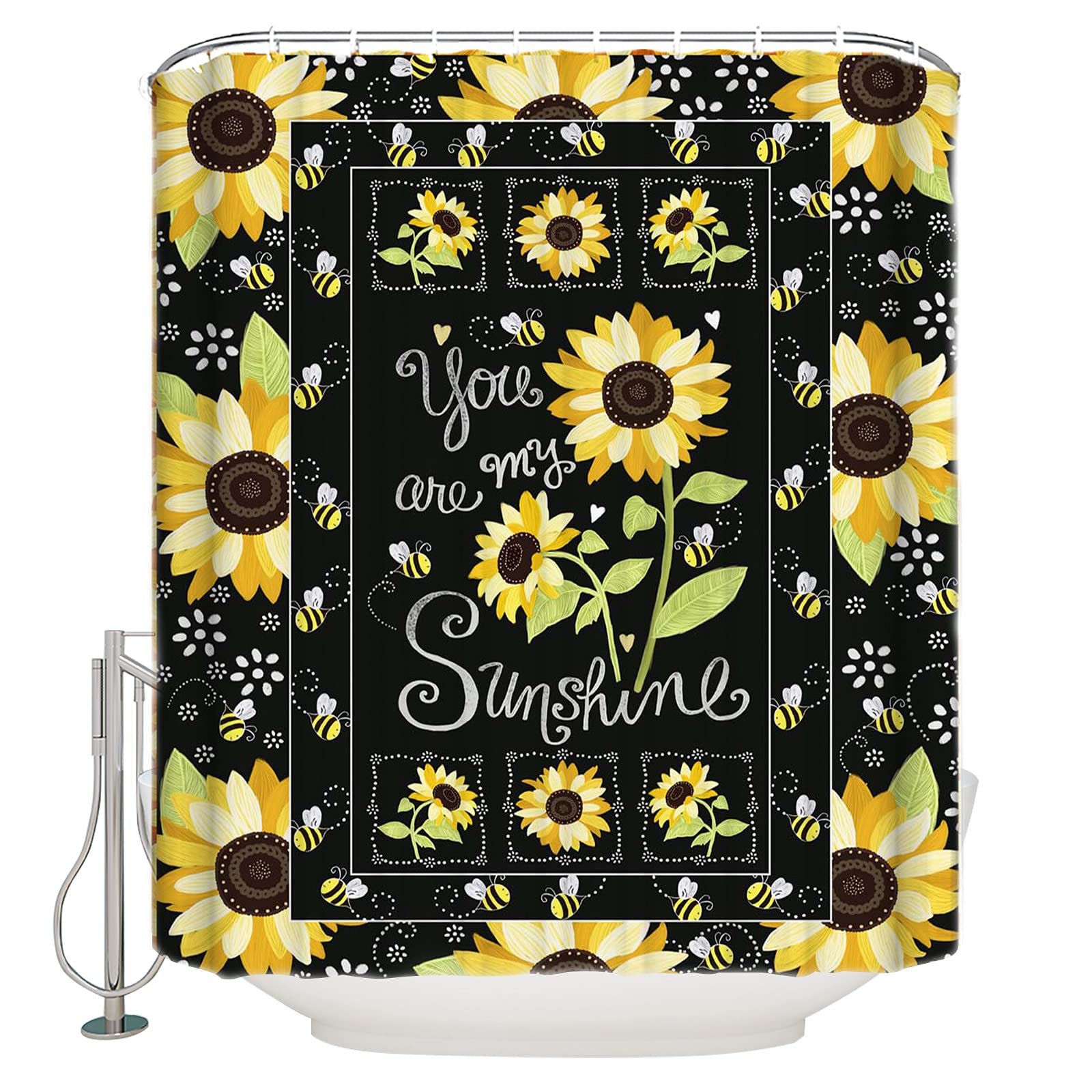 Sunflower & Bee Framed Shower Curtain 72x84 Inch - Waterproof Bathroom Decor with 12 Hooks, Washable & Durable Lightweight Fabric - Perfect for Farmhouse, Cottage or Vintage Style Bathrooms