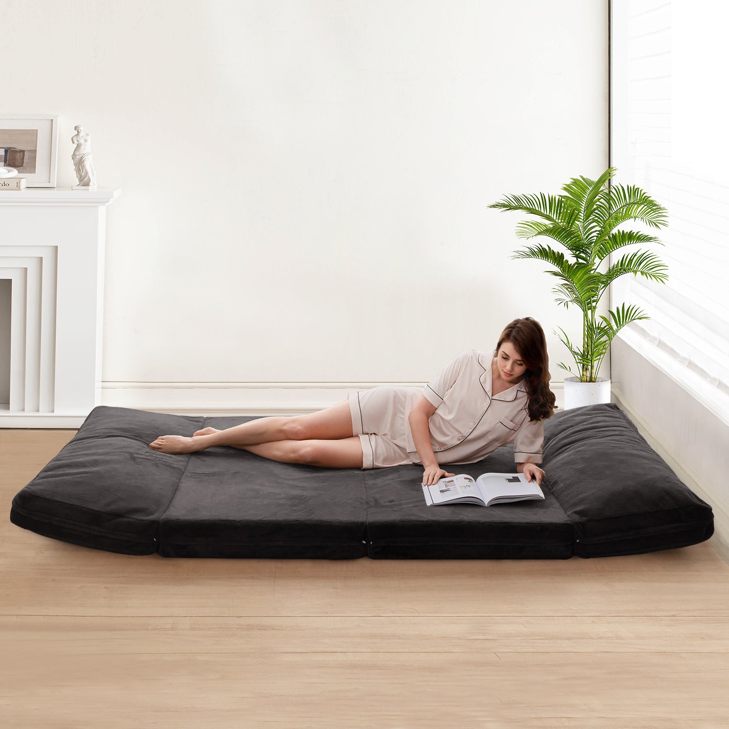 MAXYOYO Bean Bag Folding Sofa Bed - Extra Thick Floor Mattress with Washable Faux Fur Cover (Dark Grey) | Perfect for Living Room, Bedroom, Dorm & Game Room Lounging