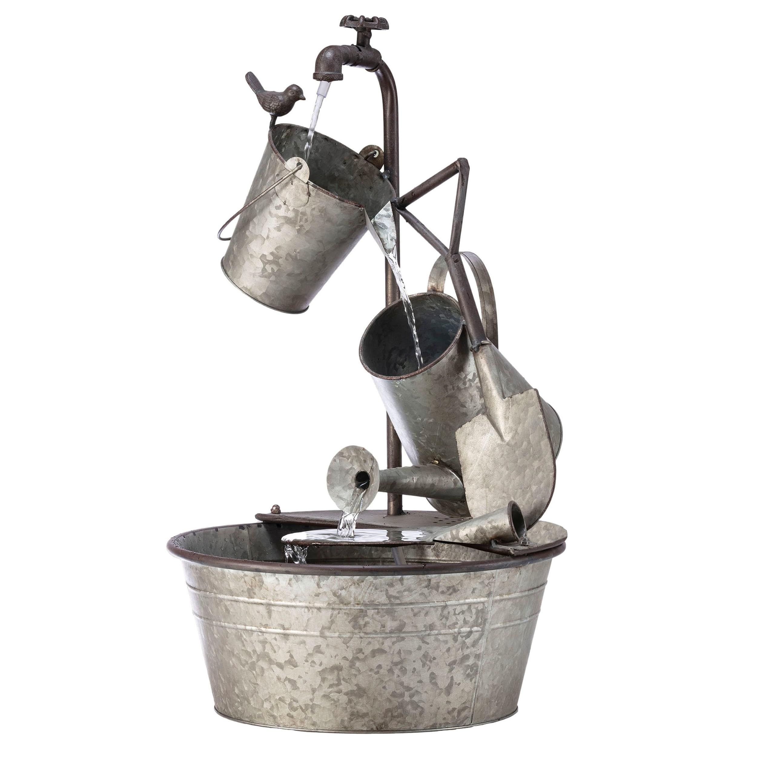 Alpine Corporation YHL106 3-Tiered Metal Outdoor Water Fountain with Garden Tools & Faucet Waterfall - 28 Inch Gray Patio Decor for Garden, Yard, and Backyard Relaxation