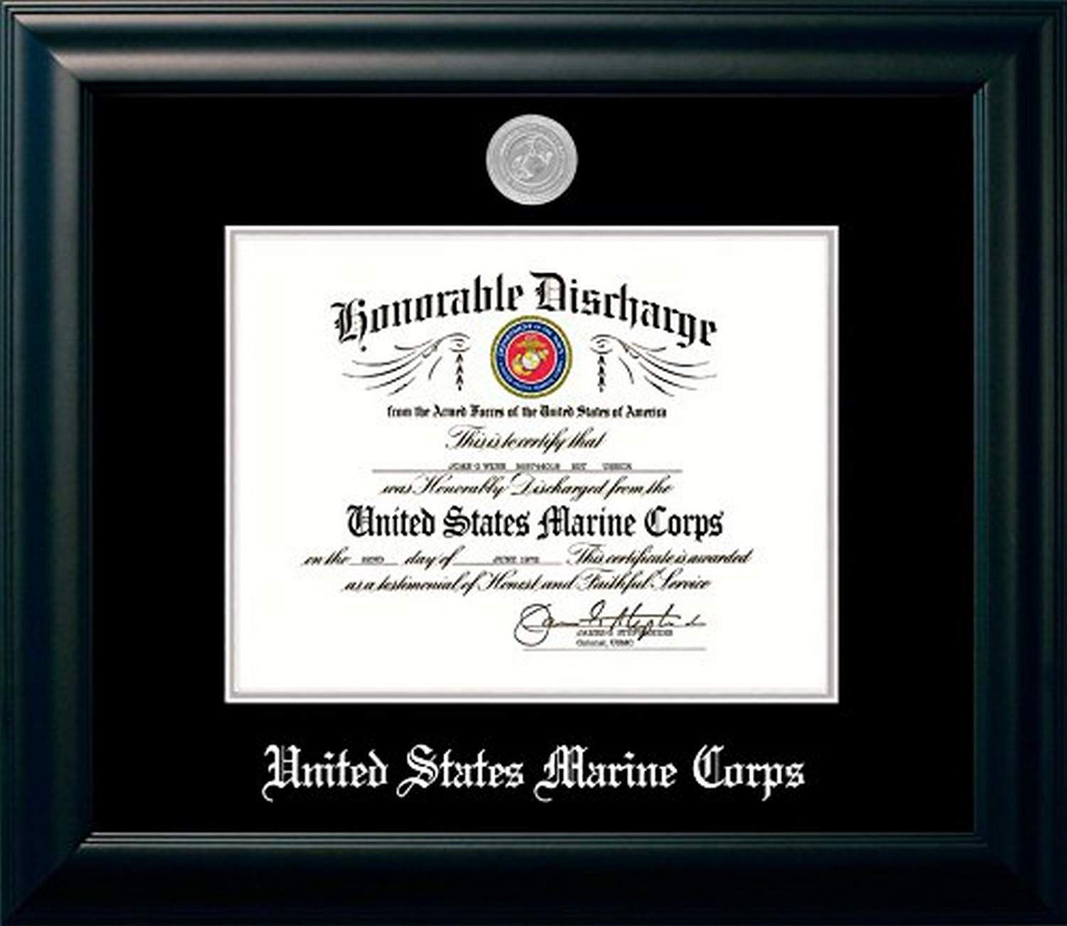Patriot Frames Marine Discharge Frame with Silver Medallion - 8.5 x 11 Inches Black Wood Shadow Box for Military Awards & Memorabilia - Perfect for Home, Office, or Gift Display