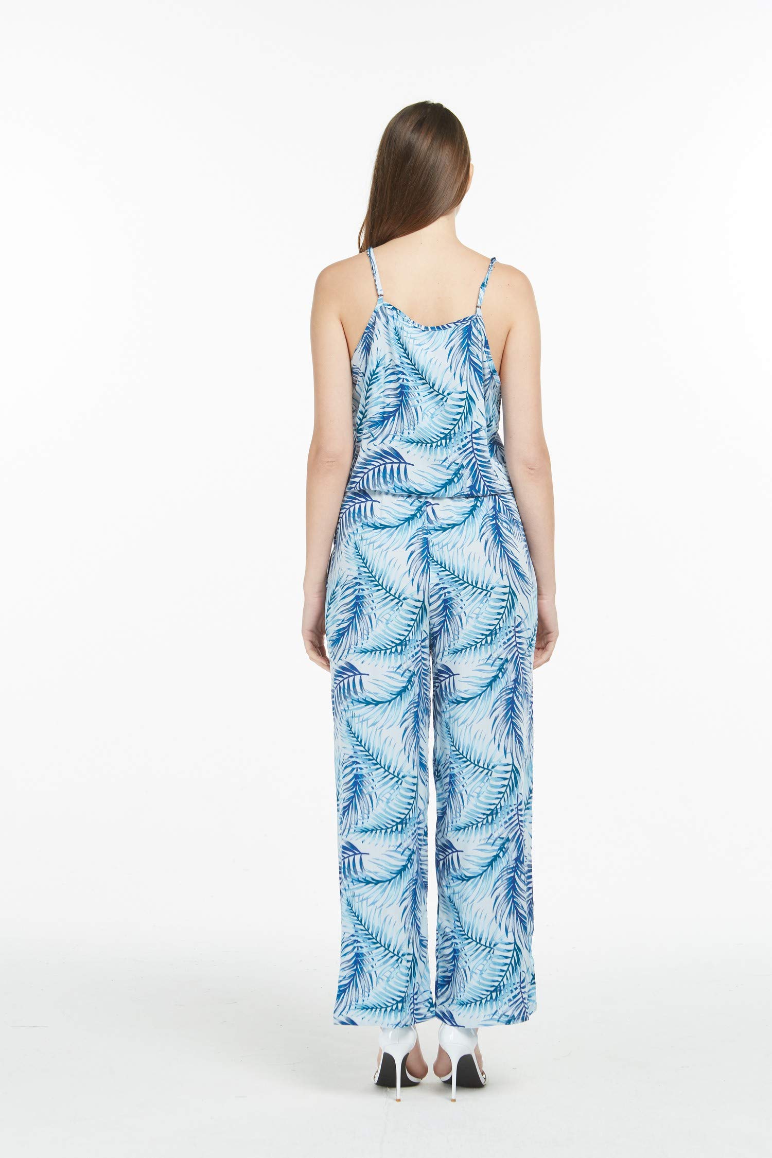 Women's Hawaiian Strap V-Neck Jumpsuit with Pockets - Simply Blue Leaves Print | Beach Cover Up, Summer Vacation Outfit, Tropical Party Dress