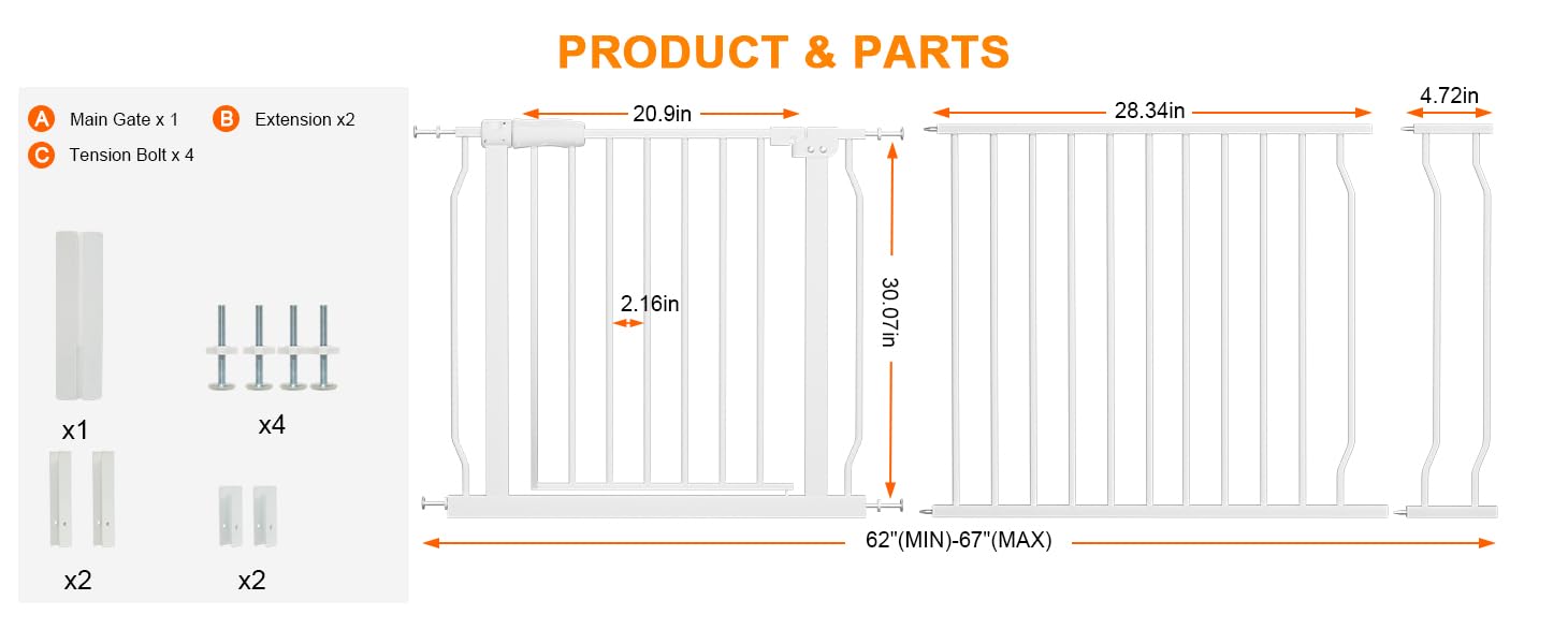 Extra Wide & Tall Baby Gate for Stairs - 62-67 Inch White Metal Safety Gate for Dogs & Kids - Pressure Mount Pet Barrier for Doorways & Hallways - Perfect for Homes with Toddlers & Large Pets