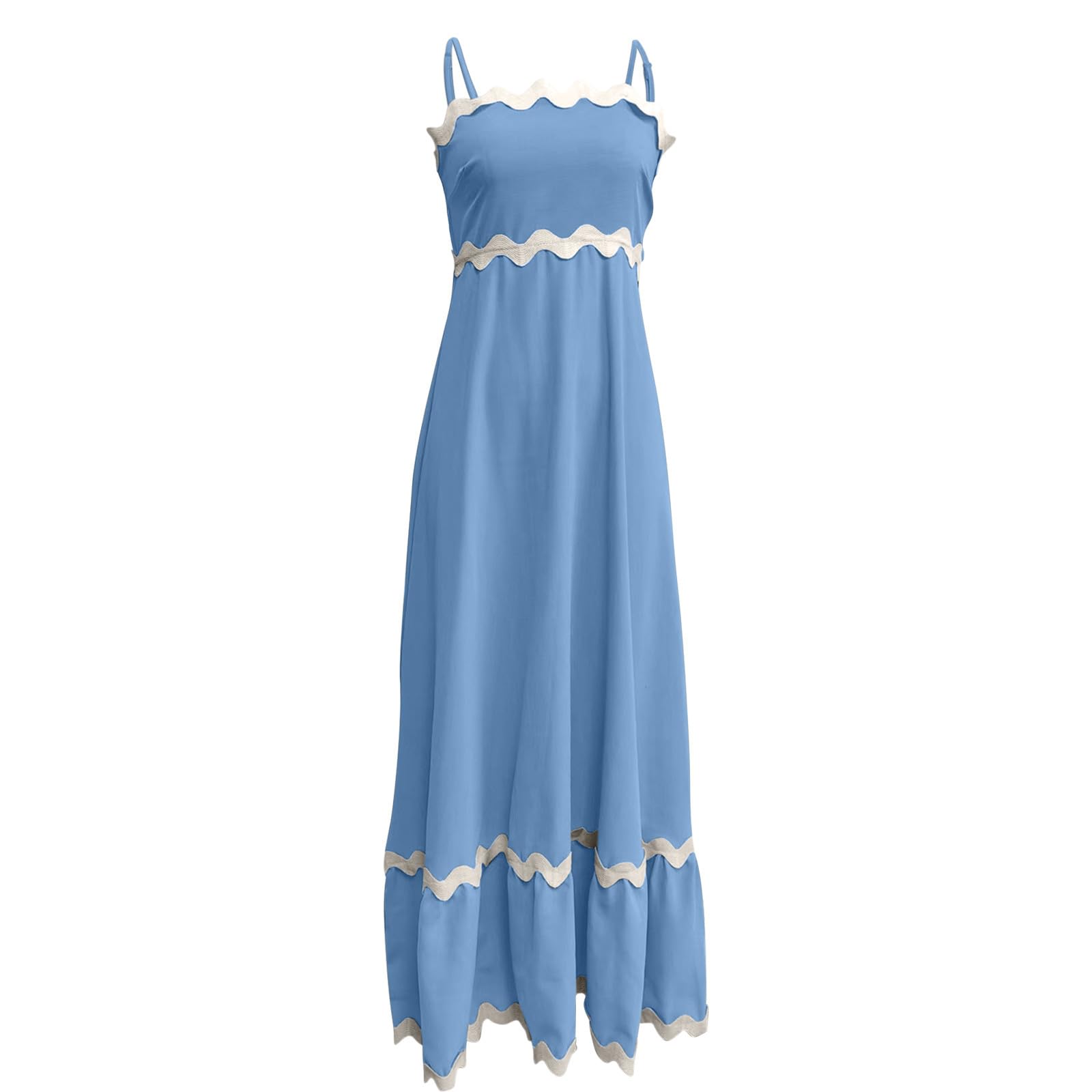 Boho Summer Sundress for Women 2024 - Trendy Spaghetti Strap Sleeveless Midi Dress with Smocked Waist & Flowy Maxi Skirt - Casual Blue RIC Rac Dress | Perfect for Beach Vacations, Music Festivals & Summer Outings