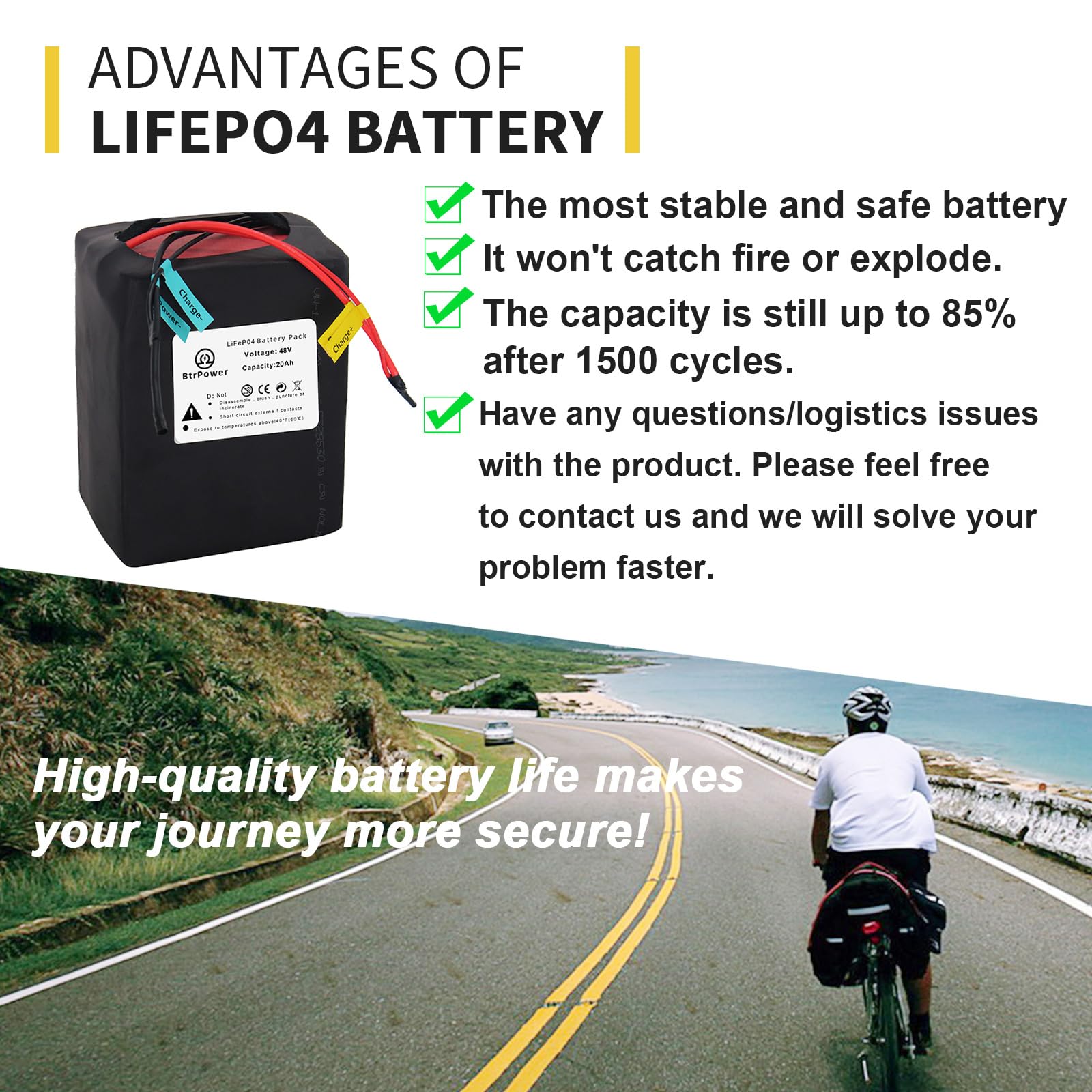 48V 52V 60V 72V Ebike Battery - 10AH to 50AH Lithium Ion/LiFePO4 Battery Pack with 3A/5A Charger & 50A/80A BMS - Compatible with 300W-4500W Electric Bike Motors - Perfect for Commuting, Mountain Biking & Long-Distance Rides