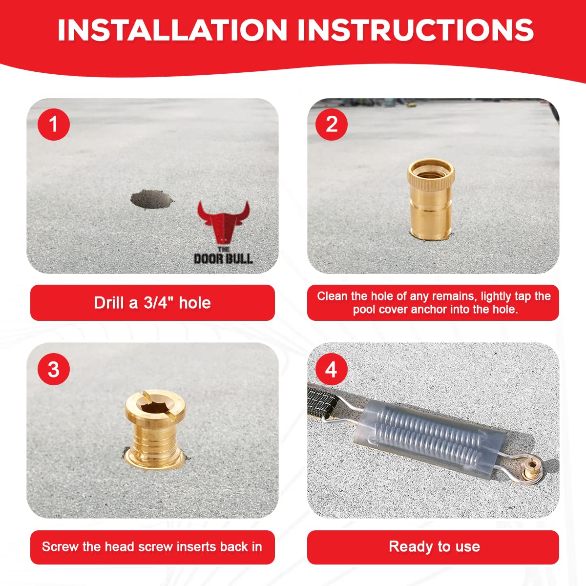 Brass Pool Cover Anchors for Concrete & Pavers Deck - Universal 3/4