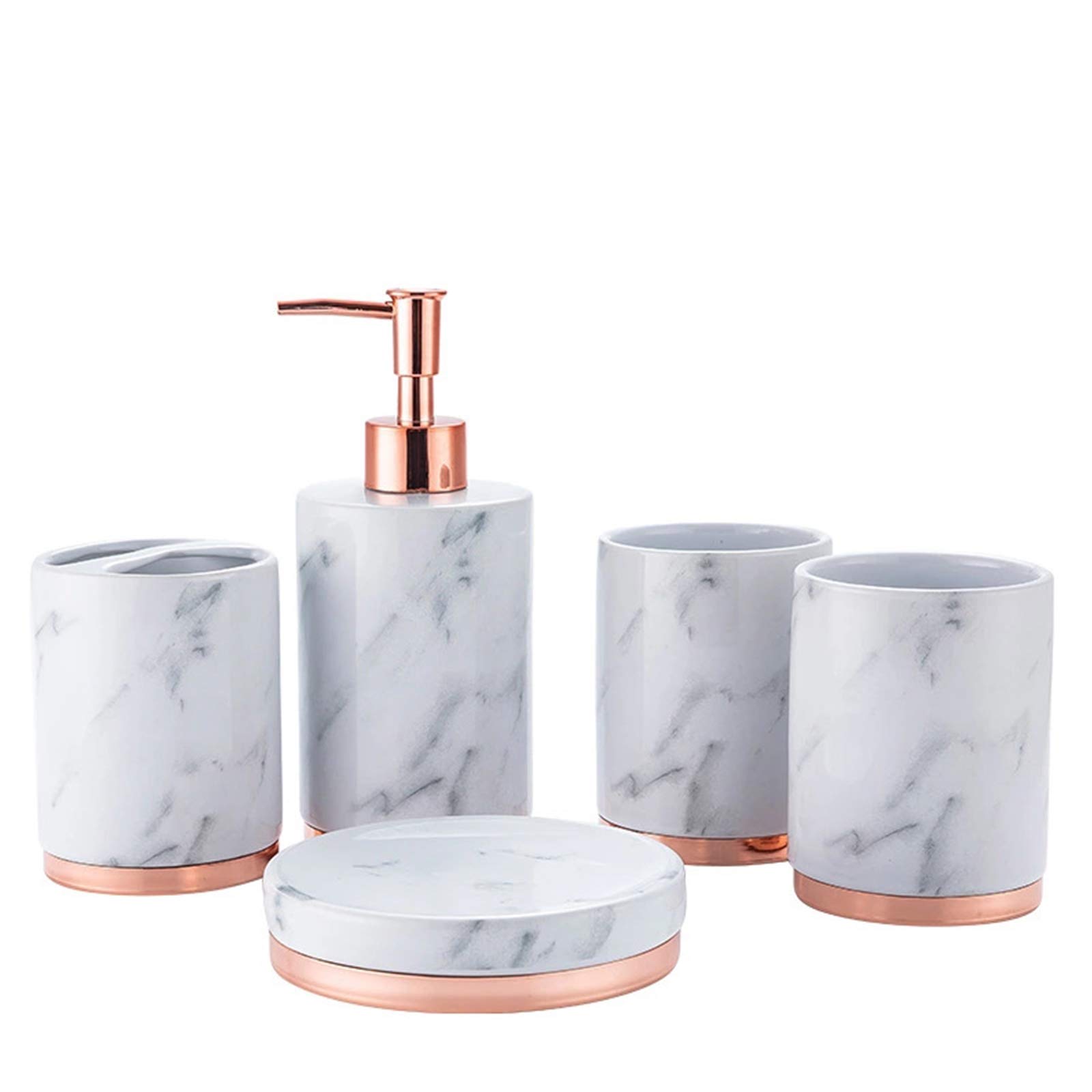 Luxury 5-Piece Bathroom Set with Soap Dispenser, Toothbrush Holder, Tumbler & Soap Dish - Marble Look & Rose Gold Base (White/Rose Gold) for Modern Bathroom Decor & Spa-Like Experience