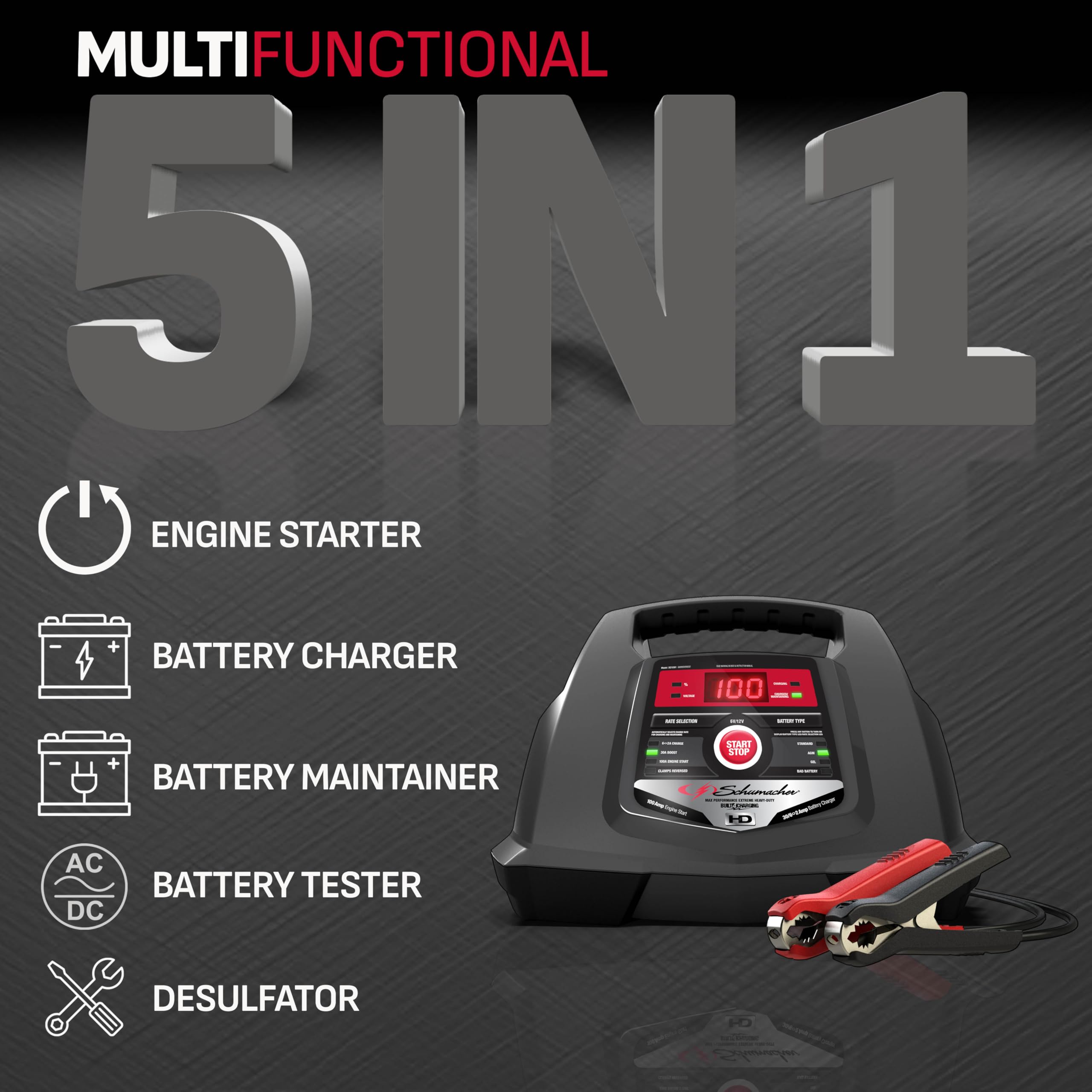Schumacher SC1281 5-in-1 Advanced Battery Charger & Engine Starter - 6A/12V 100A Jump Starter for Car, Truck, Motorcycle & Marine Batteries - Perfect for Emergency Roadside Assistance & Winter Vehicle Maintenance