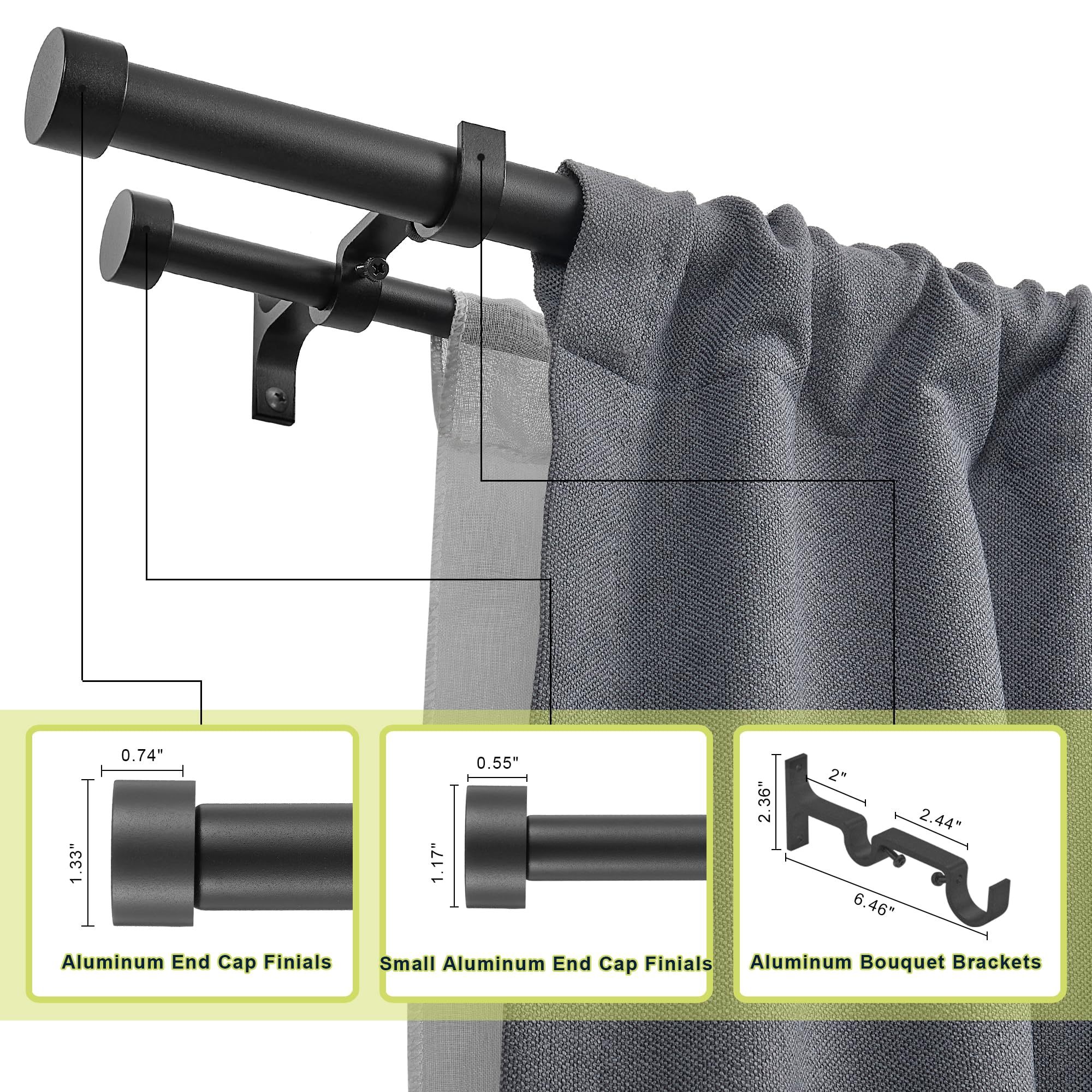 72-144 Inch Adjustable Double Curtain Rod Set - 1'' Front & 5/8'' Back Drapery Rod with Premium Aluminum Brackets & Finials - Matte Black Window Treatment for Living Room, Bedroom, or Office