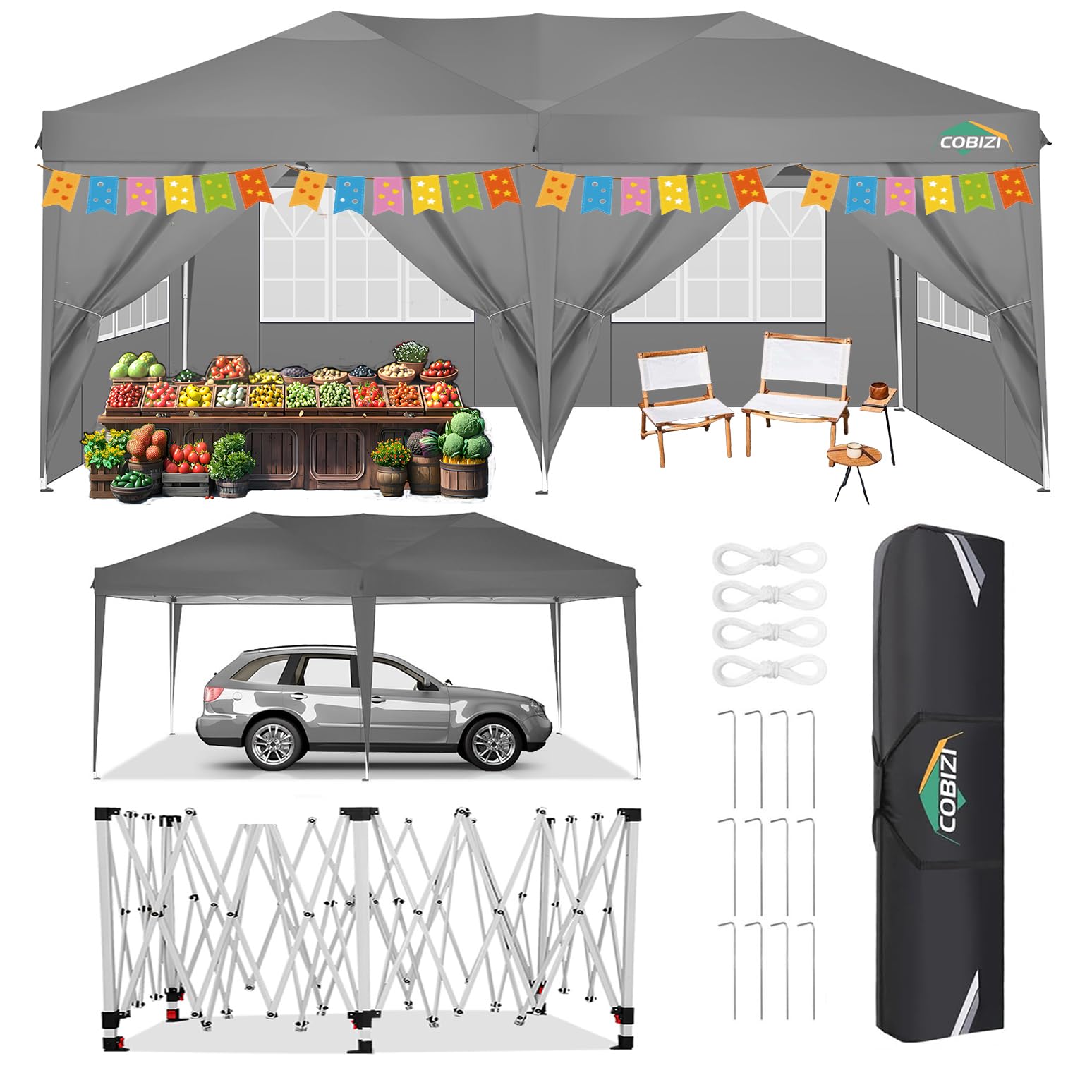 COBIZI 10x20 Pop Up Canopy Tent with 6 Sidewalls - Waterproof Instant Shelter for Outdoor Events, Beach Camping & Commercial Use | Portable Sun Shade Gazebo for Parties, Picnics & Tailgating (Grey, 10'x20')