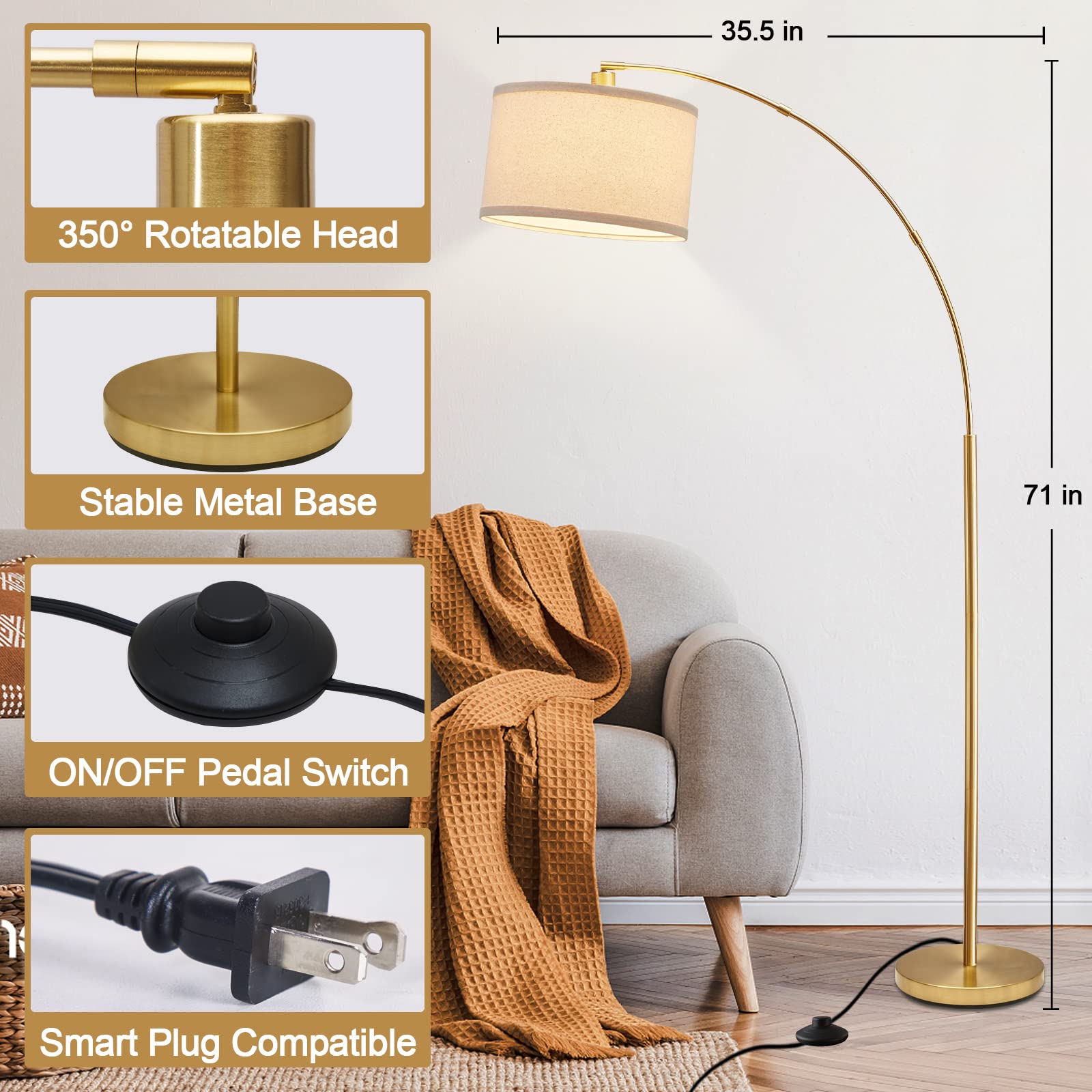 Modern Gold Arc Floor Lamp for Living Room - Adjustable Hanging Drum Shade with Tall Pole & Foot Switch - Over Couch Arched Reading Light for Bedroom, Office, Study - LED Bulb Not Included - Perfect for Cozy Reading Nooks & Contemporary Home Decor