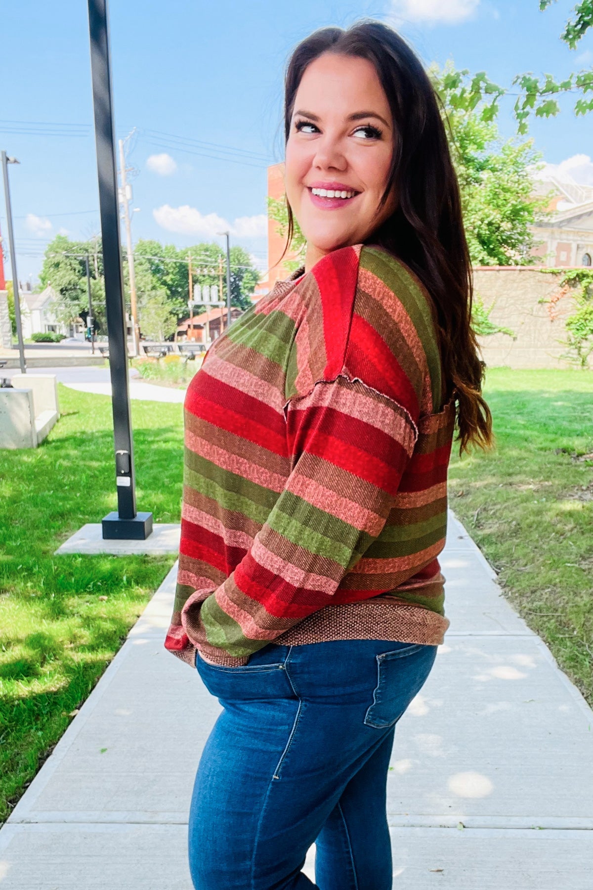 Stylish Olive & Mauve Striped Two-Tone Banded Sweater Top for Women | Casual Fall Fashion | Perfect for Office Wear & Weekend Outfits