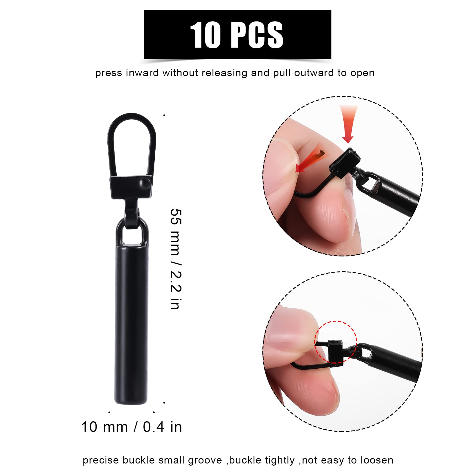 10pcs Black Metal Zipper Pull Replacement Kit - Long Cylindrical Detachable Zipper Pulls for Coats, Jackets, Backpacks, Pants, Jeans, Suitcases, Purses & Handbags | Durable Zipper Accessories for Outdoor Gear, Travel & Daily Use