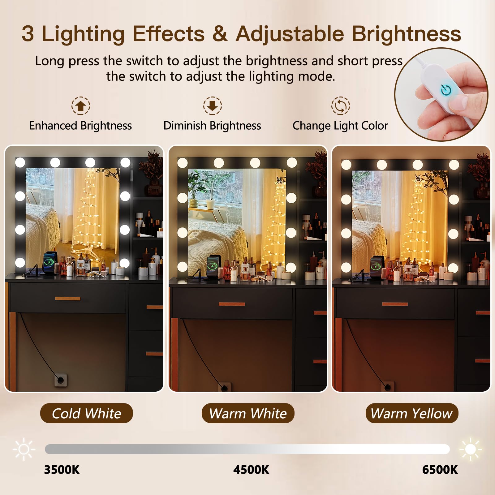 Elegant Makeup Vanity Desk with LED Lights & Mirror, 4 Drawers & USB Charging Station, Dressing Table with Open Storage Shelves & 3 Color Modes - Perfect for Bedroom, Home Salon & Beauty Room (Black)