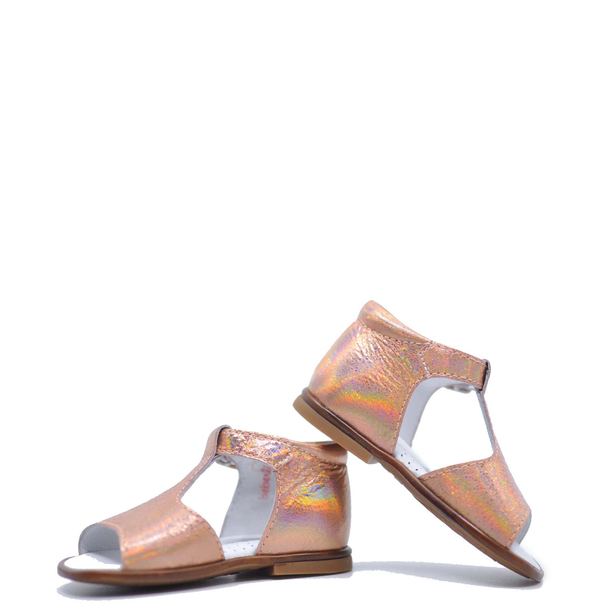 Beberlis Rose Gold Iridescent Baby Sandals for Girls - Soft Sole First Walkers, Shiny Glitter Toddler Shoes for Special Occasions & Photo Shoots