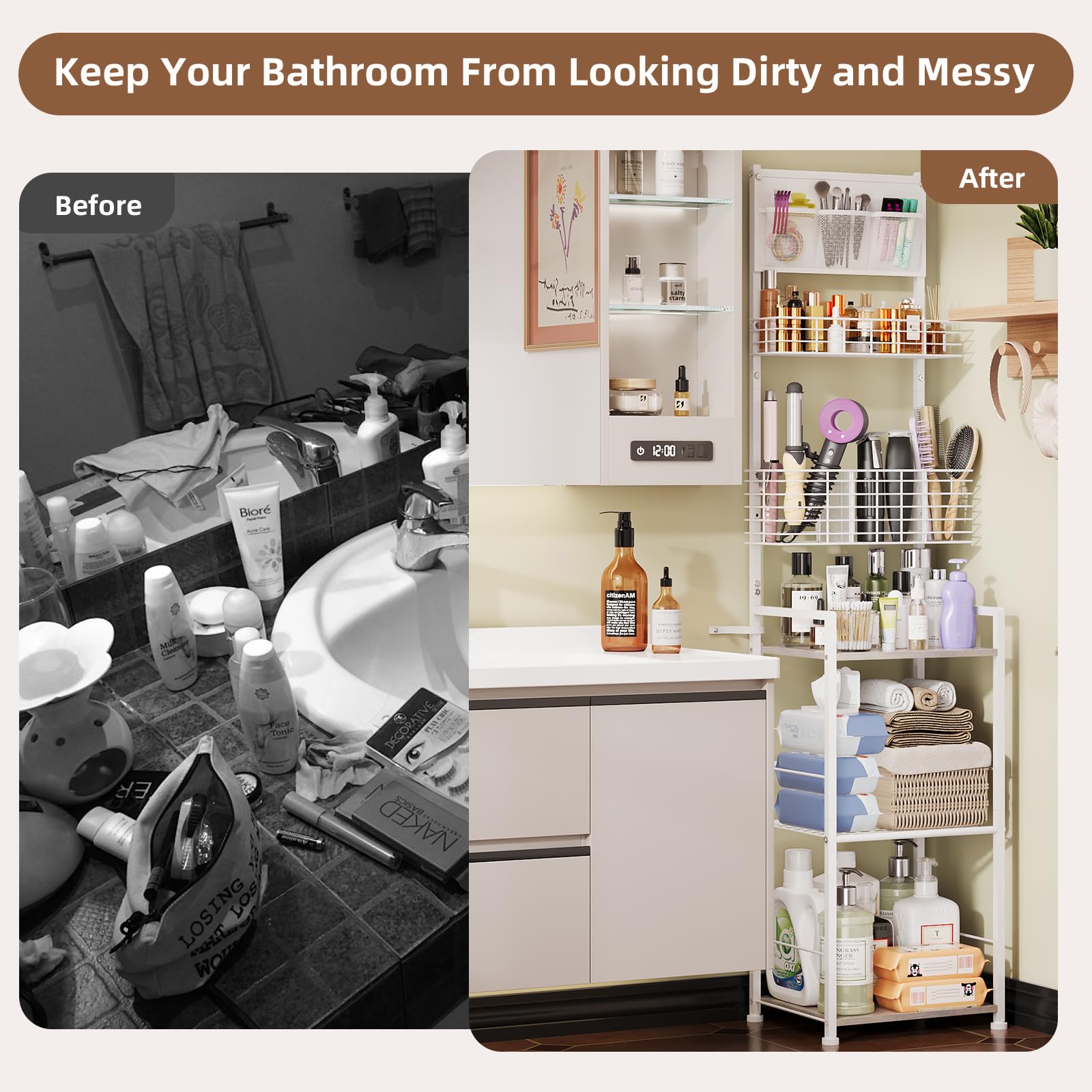 6-Tier Makeup Organizer with Storage for Cosmetics, Nail Polish & Hair Tools – Freestanding Vanity Organizer for Narrow Spaces – Perfect for Bathroom, Bedroom & Dressing Table Organization