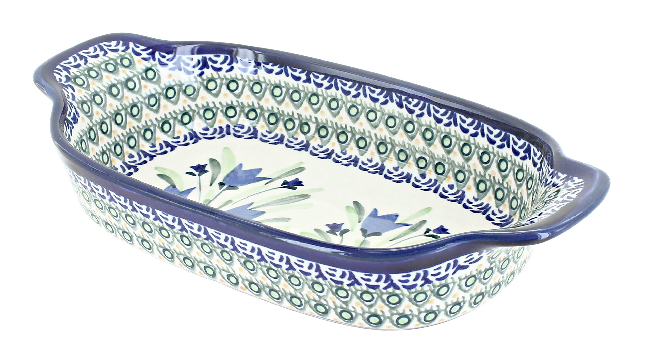 Handmade Polish Pottery Blue Rose & Tulip Rectangular Serving Dish - Elegant Ceramic Platter for Dinner Parties, Holidays & Home Decor