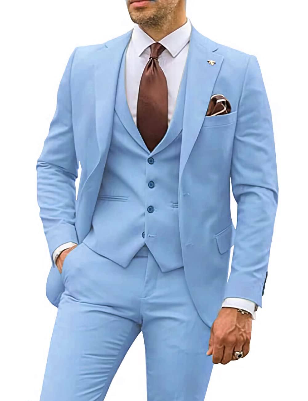 Wangyue Men's 3-Piece Slim Fit Suit Set - Notch Lapel 2-Button Blazer with Vest & Pants for Wedding, Business & Formal Occasions