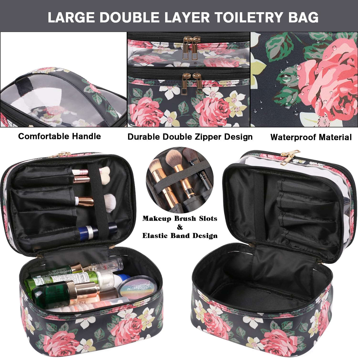 FITINI Double Layer Water-resistant Makeup Bag for Women - Travel Cosmetic Organizer with Brush Holder, Toiletry Storage Case (Black Peony) | Perfect for Travel, Gym, and Daily Makeup Organization