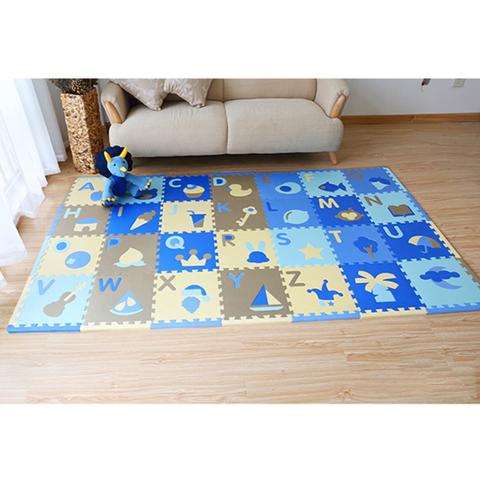 28-Piece Foam Puzzle Play Mat Set - 12x12 Inch Interlocking Alphabet Floor Tiles with Safety Fence | Non-Toxic, Easy to Clean Baby Crawling Mat | Perfect for Nursery, Playroom & Toddler Learning Activities (Blue Border)