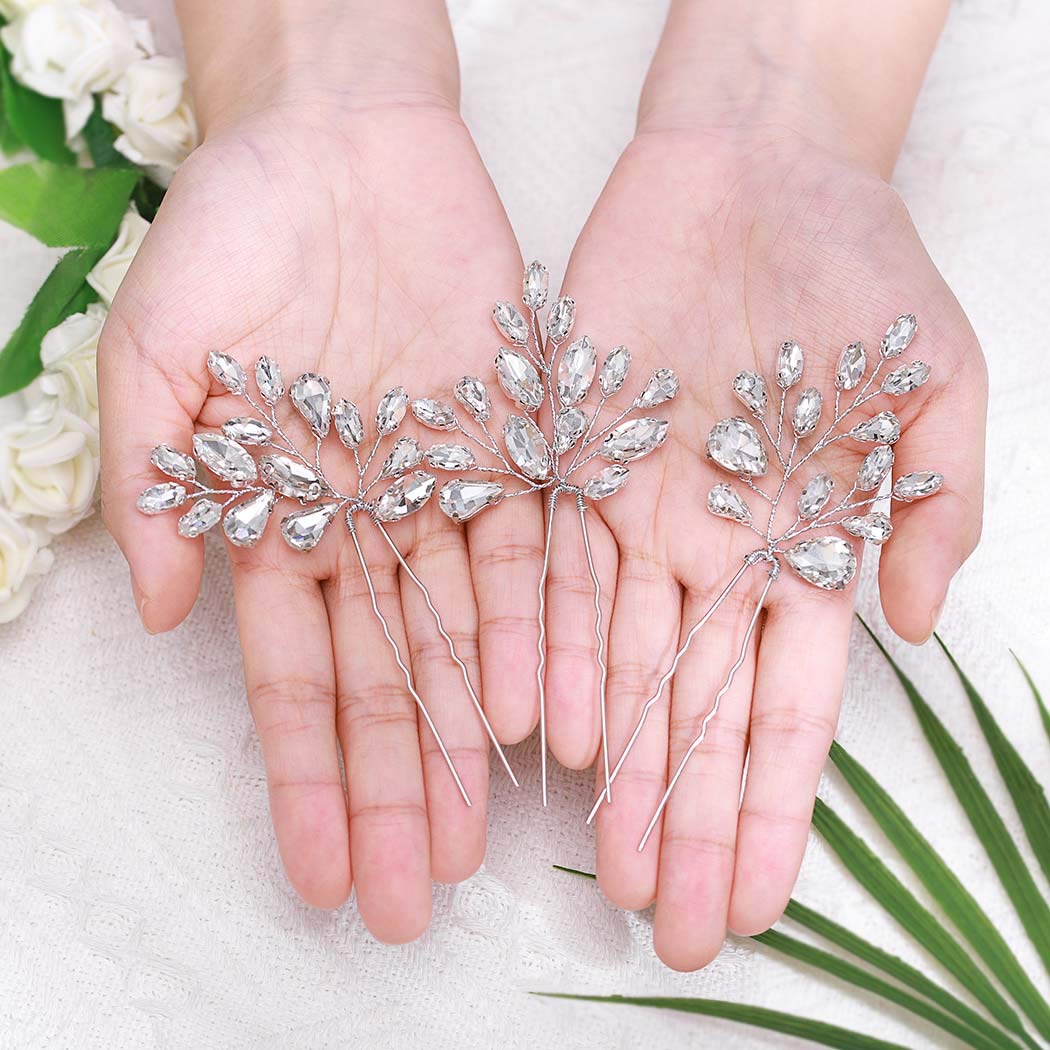 Sparkling Silver Crystal Bridal Hair Pins - Rhinestone Wedding Hair Accessories for Women & Girls (3-Pack) | Elegant Bride Hairstyle Enhancer for Weddings, Prom & Special Occasions