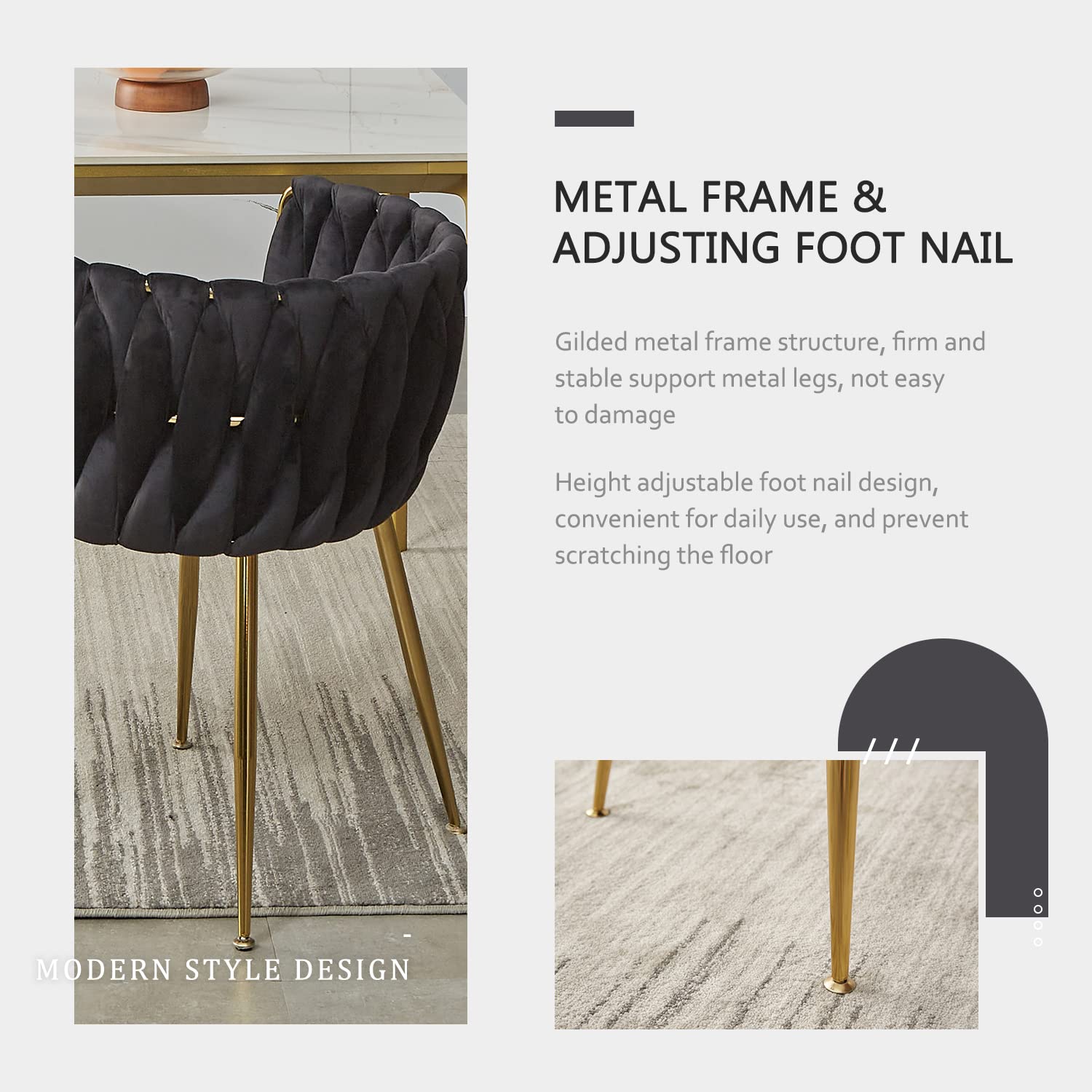 Black Velvet Dining Chairs Set of 4 - Modern Upholstered Chairs with Golden Metal Legs & Woven Design for Dining Room, Kitchen, Living Room | Elegant Seating for Home Decor, Dinner Parties & Vanity Areas