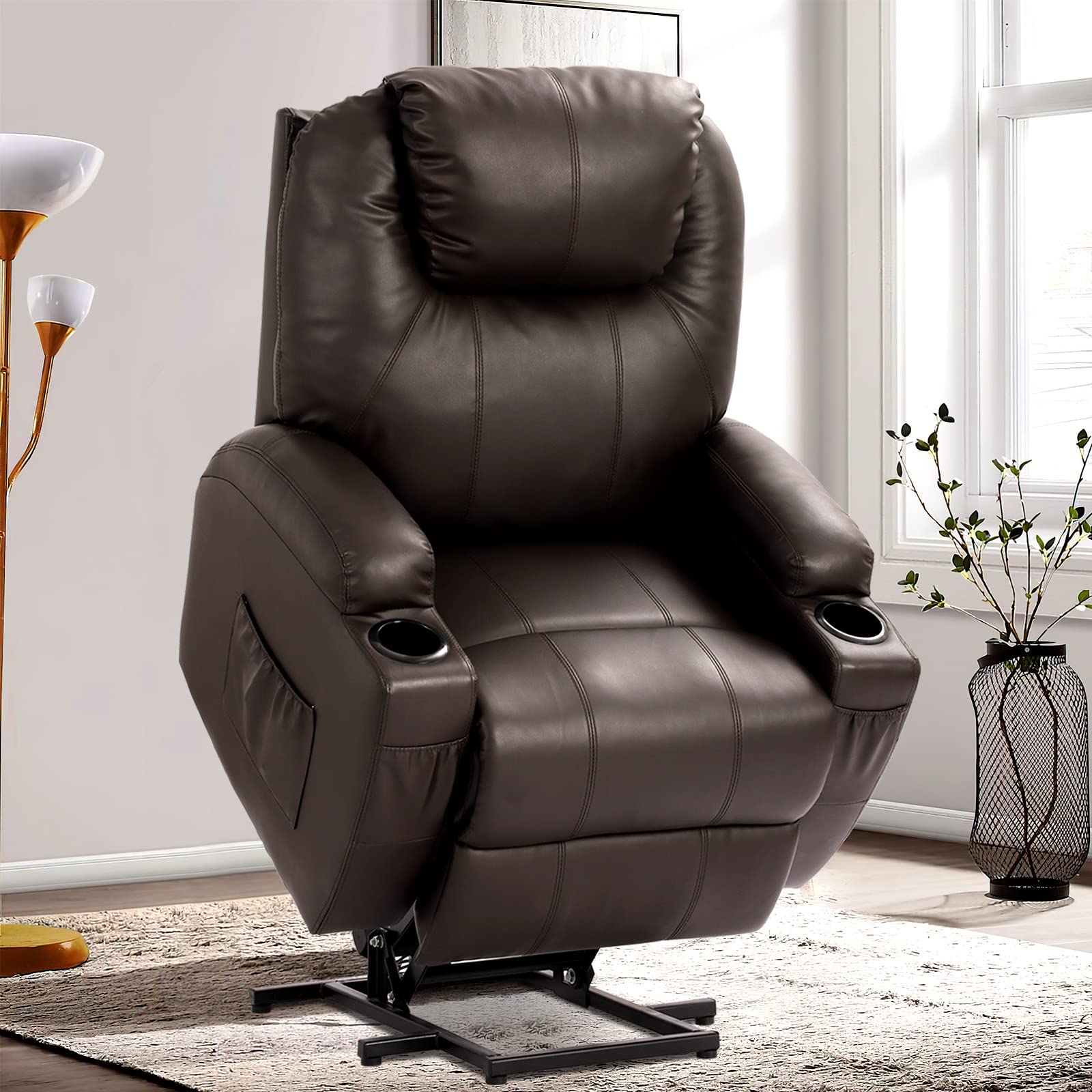 OKIDA Electric Power Lift Recliner Chair for Elderly - Heated & Vibration Massage Fabric Sofa with Side Pockets & Cup Holders - Remote Control Reclining Living Room Chair (PU Leather, Brown) - Perfect for Relaxation, Pain Relief & Home Theater Comfort