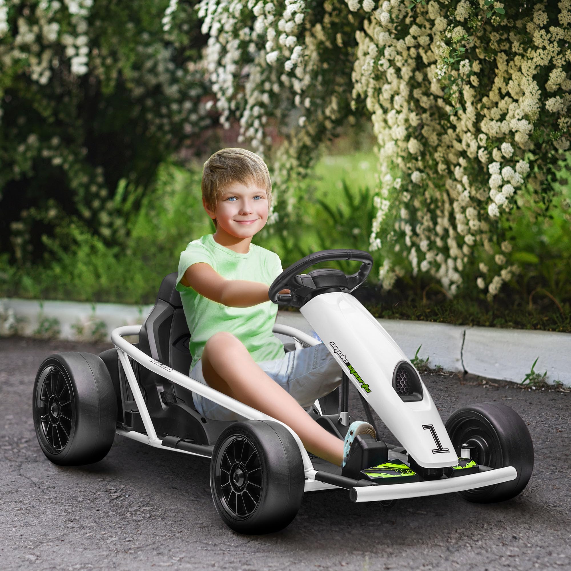 Aosom 24V 8.1 MPH Electric Go Kart for Kids - Battery Powered Drifting Ride-On Toy with Slow Start, Music, Horn & Safety Belt - Outdoor Play Vehicle for Ages 8-12 (White) - Perfect for Backyard Racing, Birthday Gifts & Family Fun