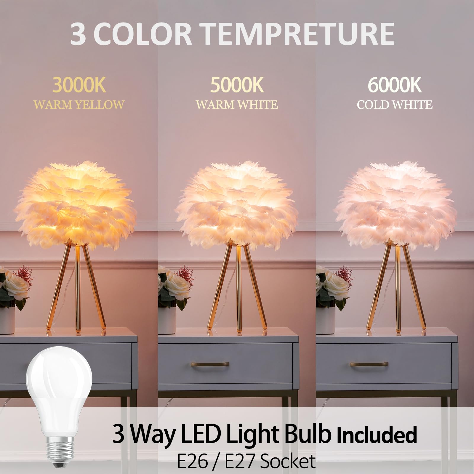 Pink Feather Tripod Lamp - Aesthetic Gold Desk Lamp for Bedroom, Living Room, Girls Room Decor | Unique Large Table Lamp & Bedside Lighting for Home, Dorm, Office
