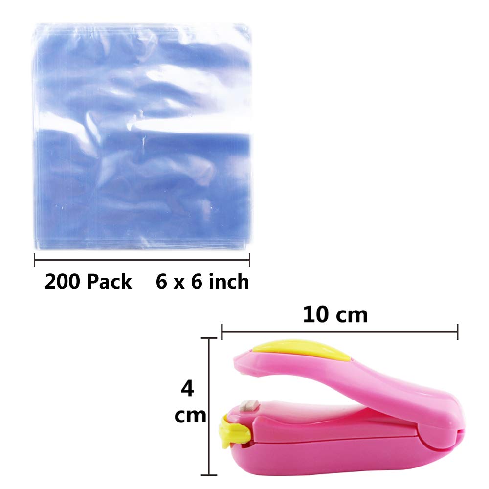 WFPLUS 200 Pack 6x6 Inch Shrink Wrap Bags with Free Mini Heat Sealer - Perfect for Handmade Soaps, Bath Bombs, DIY Crafts, Gift Packaging & Small Business Product Wrapping